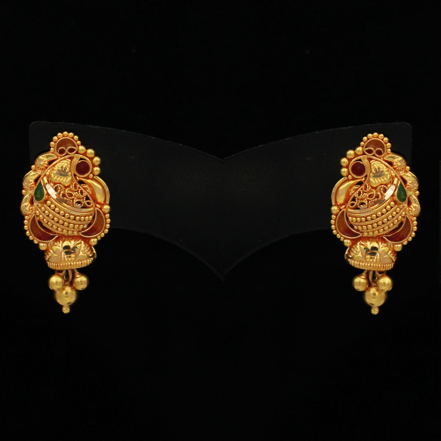 Peacock 22k Gold Stud Jhumki Earrings , Handmade Yellow gold earrings for women, vintage antique design indian gold earrings jewelry