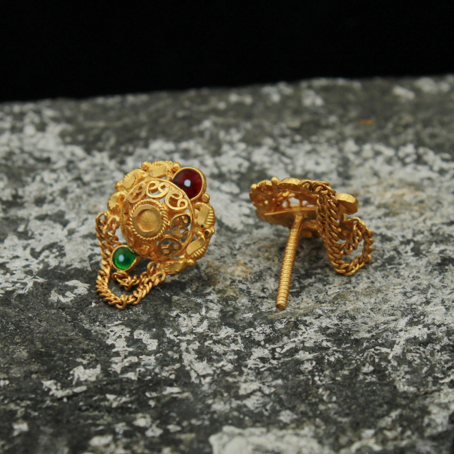 hanging chain Handmade 22k Yellow gold earrings for women, vintage antique design indian gold earrings jewelry