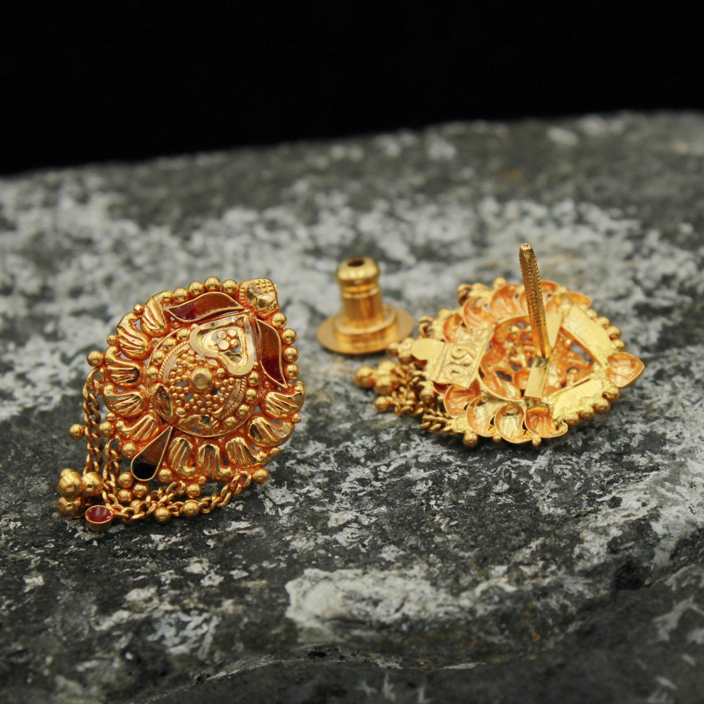 22k 18k Yellow Gold Stud Earrings , Handmade Yellow gold earrings for women, vintage antique design indian gold earrings jewelry