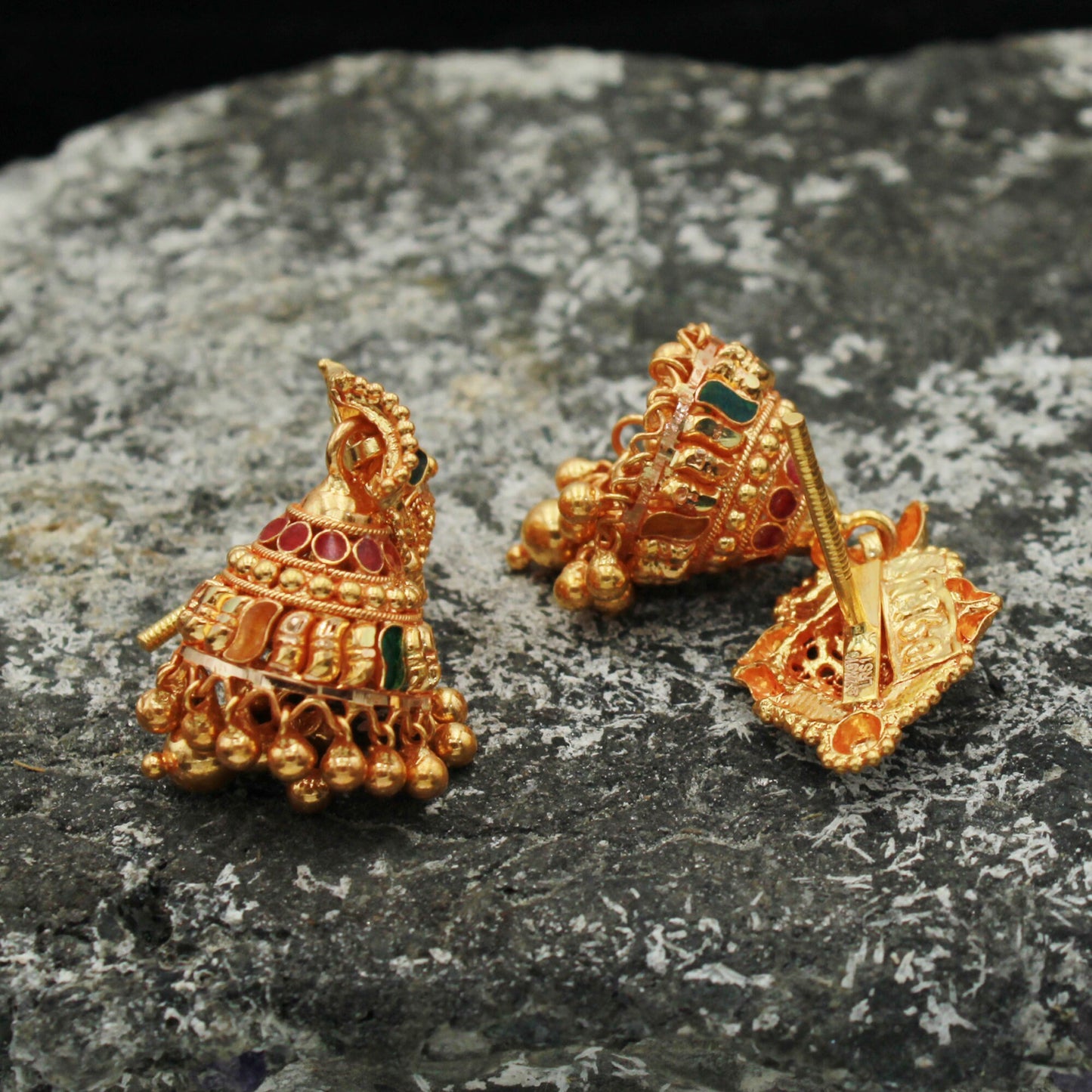 22k Gold Earrings Jhumka , handmade vintage Pure Traditional MARWAR design indian style WEDDING Dangle Jhumki Earrings Chandelier