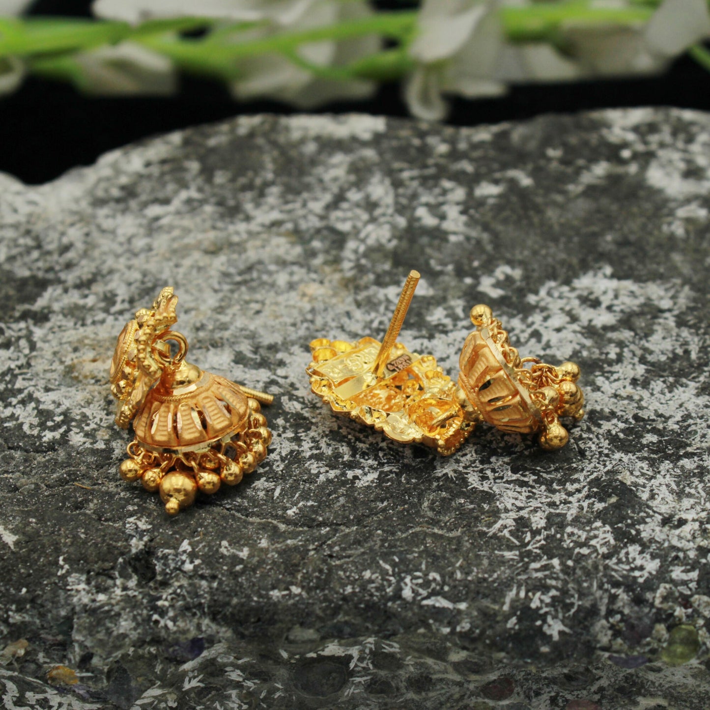 22k Yellow Gold Jhumka Earrings , handmade vintage Pure Traditional wedding indian style WEDDING Dangle Jhumki Earrings Chandelier