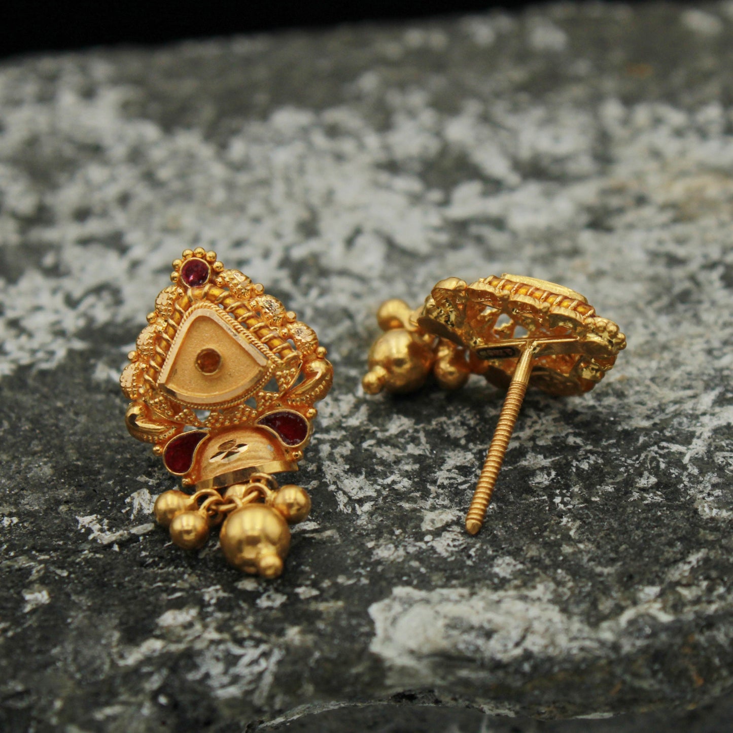 bell - 22k Yellow Gold Stud Earrings , Handmade Yellow gold earrings for women, vintage antique design indian gold earrings jewelry, K1815