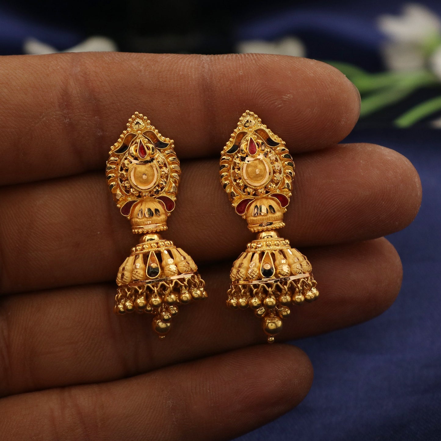 22k Yellow Gold jhumka Earrings , wedding, bridal, hanging small bell indian ethnic gold earrings, K1862