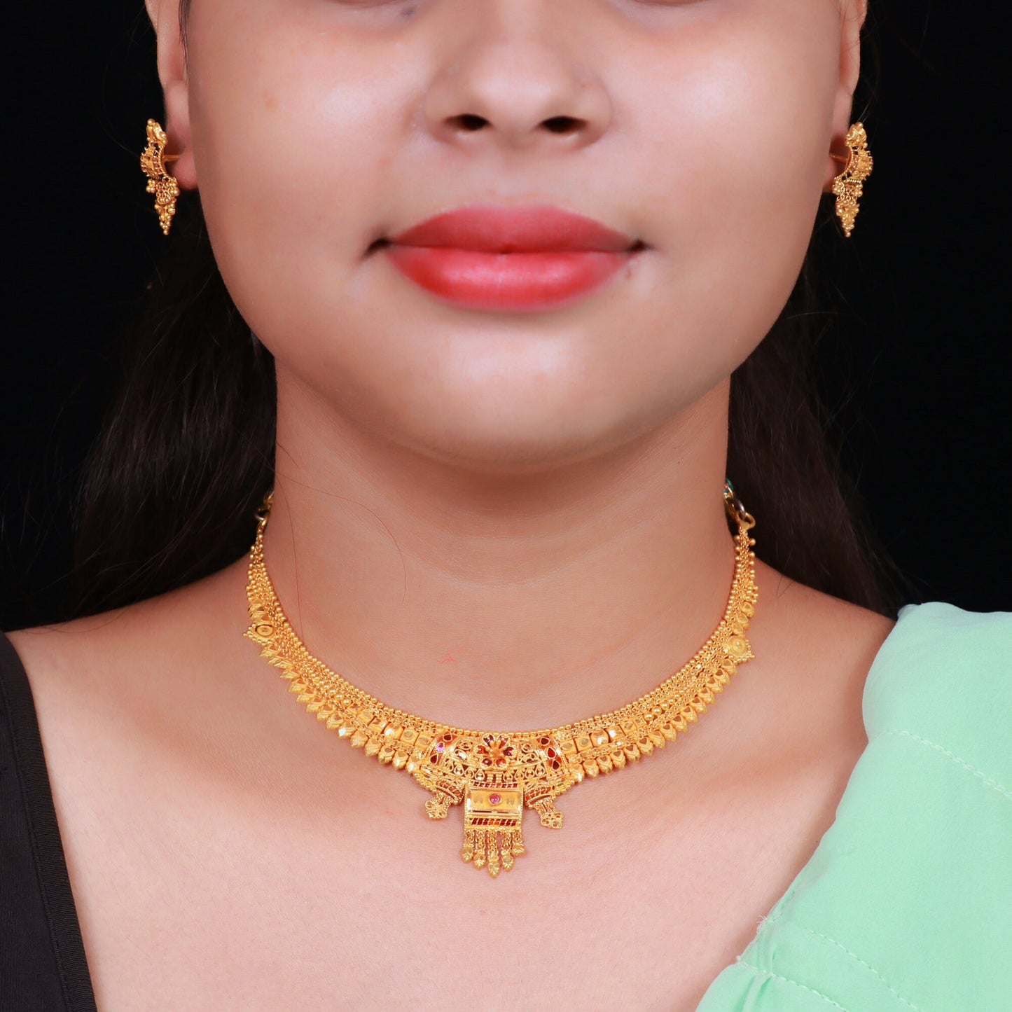22k Yellow Gold Necklace Earrings Set Jewelry , Vintage Antique Handmade Indian Gold Jewelry Set, Wedding Anniversary gift
