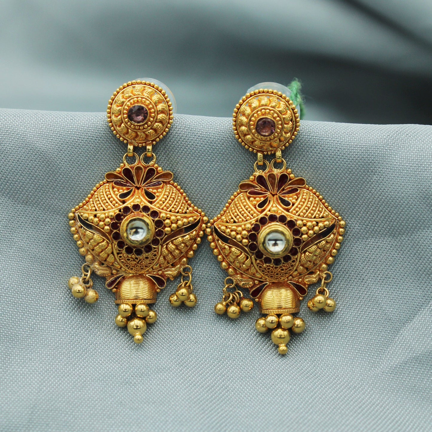22k Yellow Gold Dangle Earrings Indian Jewelry with beads , Vintage Tribal Traditional handmade jewelry Made In India
