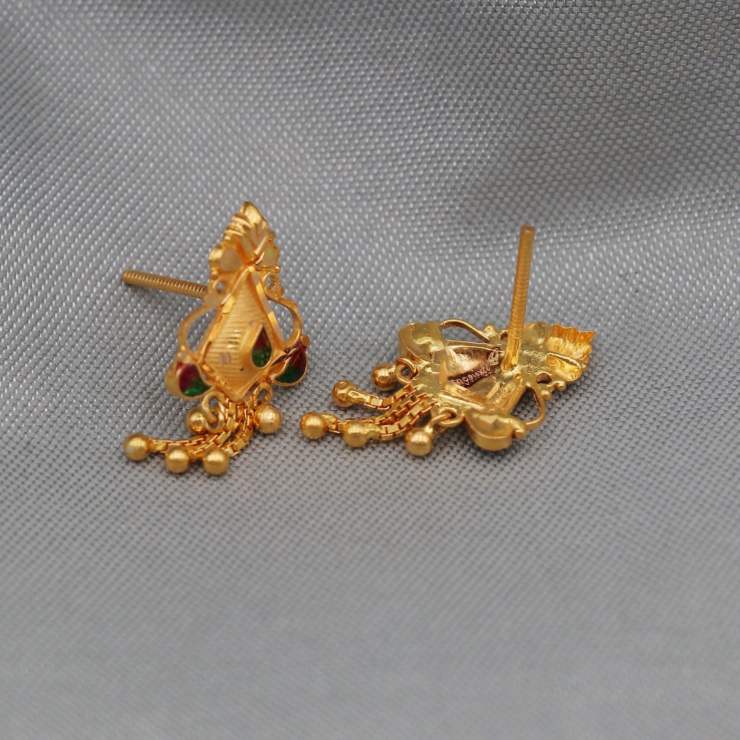 22k Yellow Gold Dangle Earrings: Handmade Indian Bell Studs