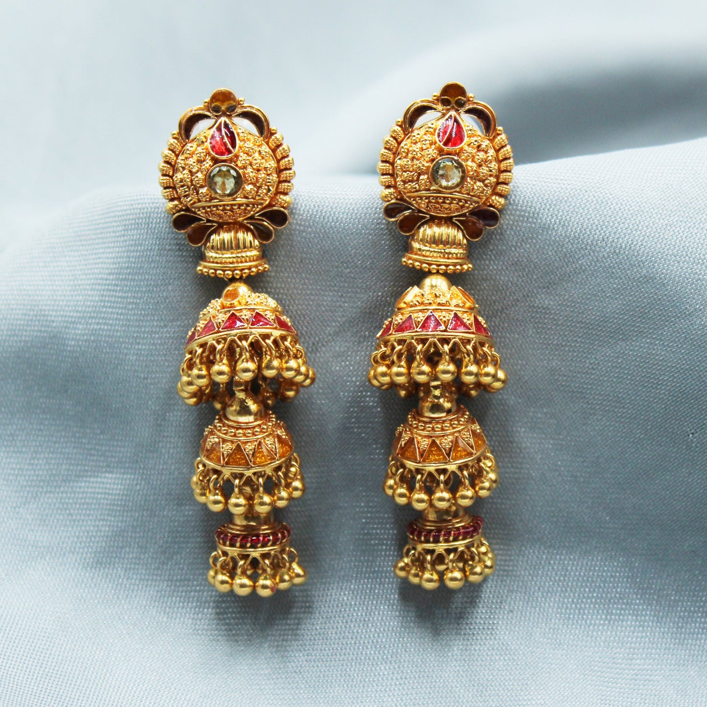 22k Yellow Gold Earrings Meenakari Jhumka Earring Indian Jewelry, Vintage Antique Design Earrings Rajasthani Jewelry