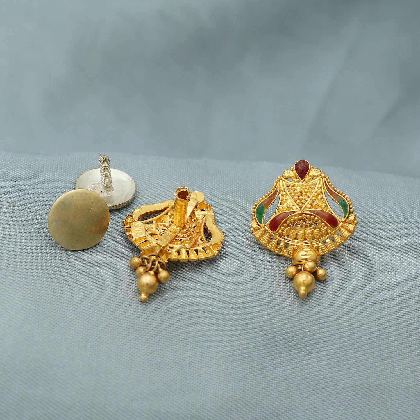 Pure 22k Yellow Gold Earrings dangling bead, Handmade Yellow gold earrings for women, vintage antique design indian gold earrings jewelry,