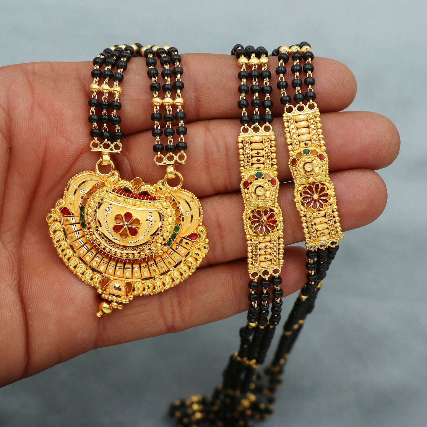 22k Gold Black Beads Mangalsutra Necklace: Indian Style Pendant Jewelry