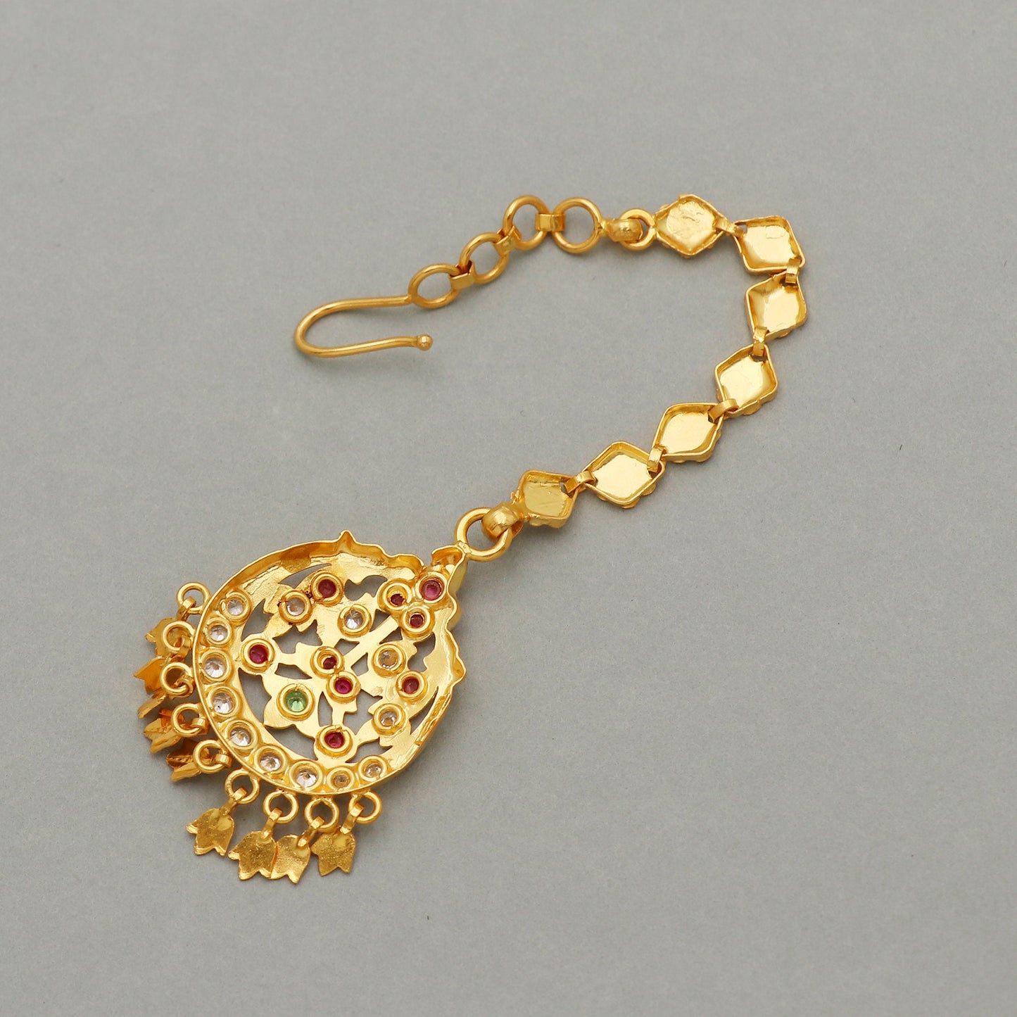 22k 18k Gold Multi Color Stone Mang Tikka Head Jewelry For Wedding Party Wear, Traditional Indian Gold Handmade Jewelry for Gift