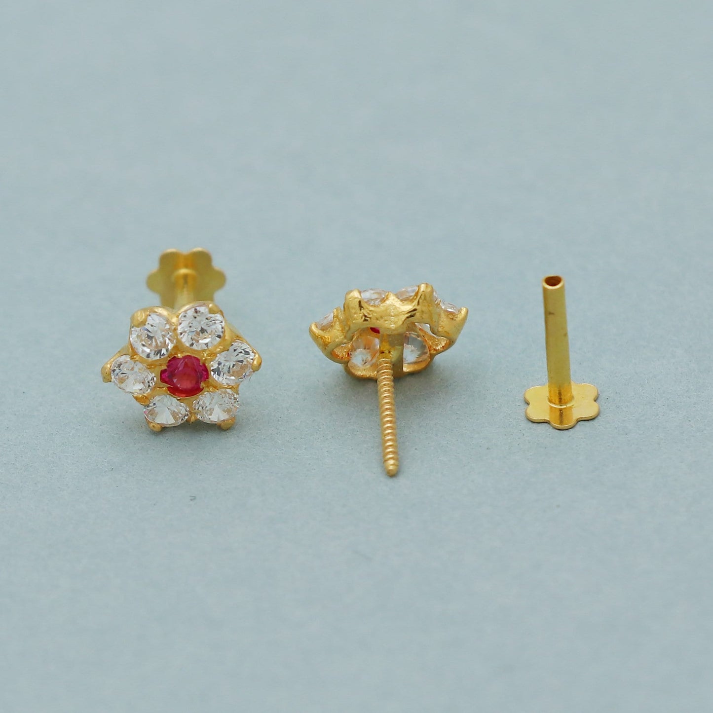Wedding 22k Gold Stud Earrings Handmade Jewelry, Beautiful Flower, 22kt Gold Small Stone Red small for gift