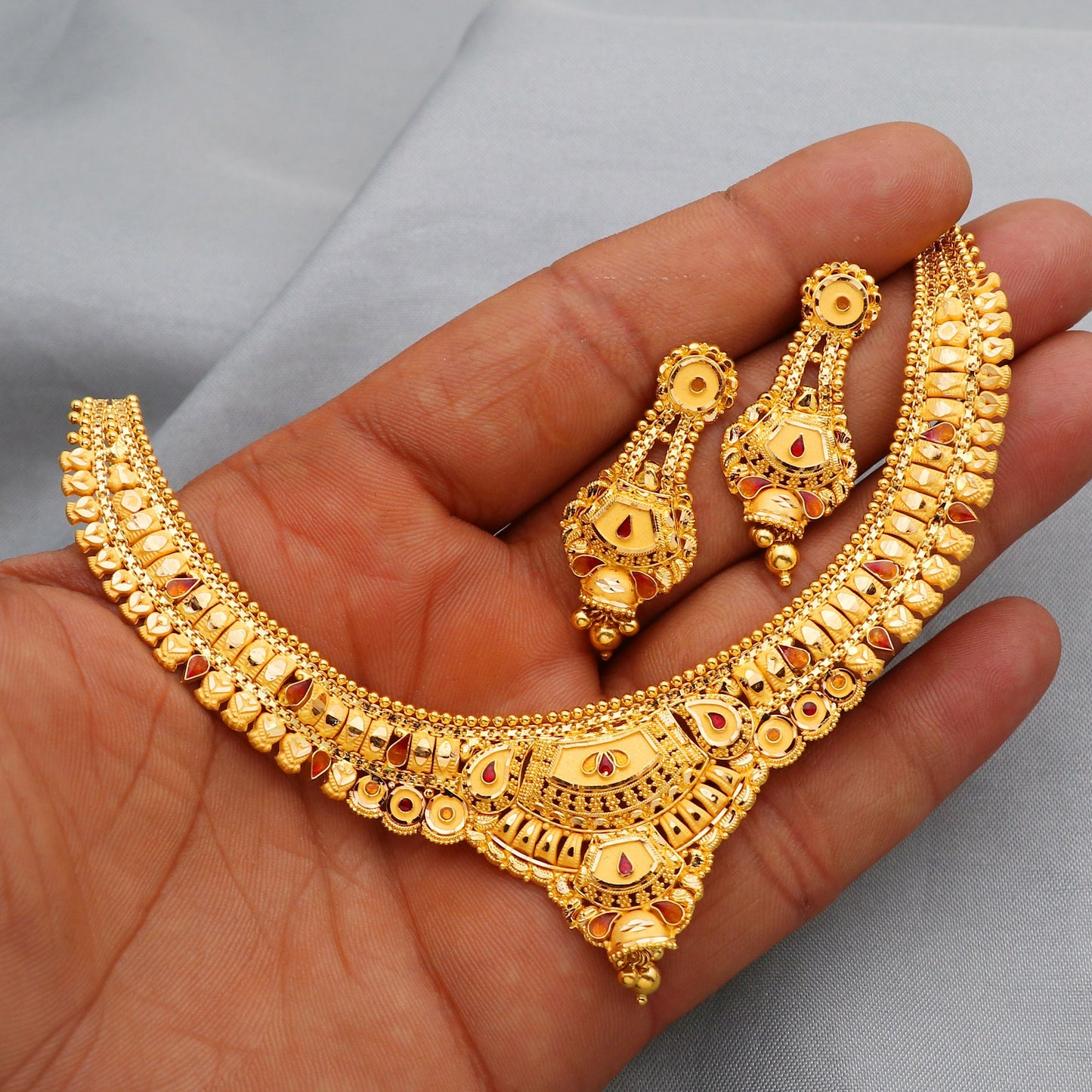 Real 22k Yellow Gold Necklace Set, Indian Gold Set, Indian Gold Jewelry, Wedding Gold Set, Traditional Rajasthani Pure Gold Handmade design