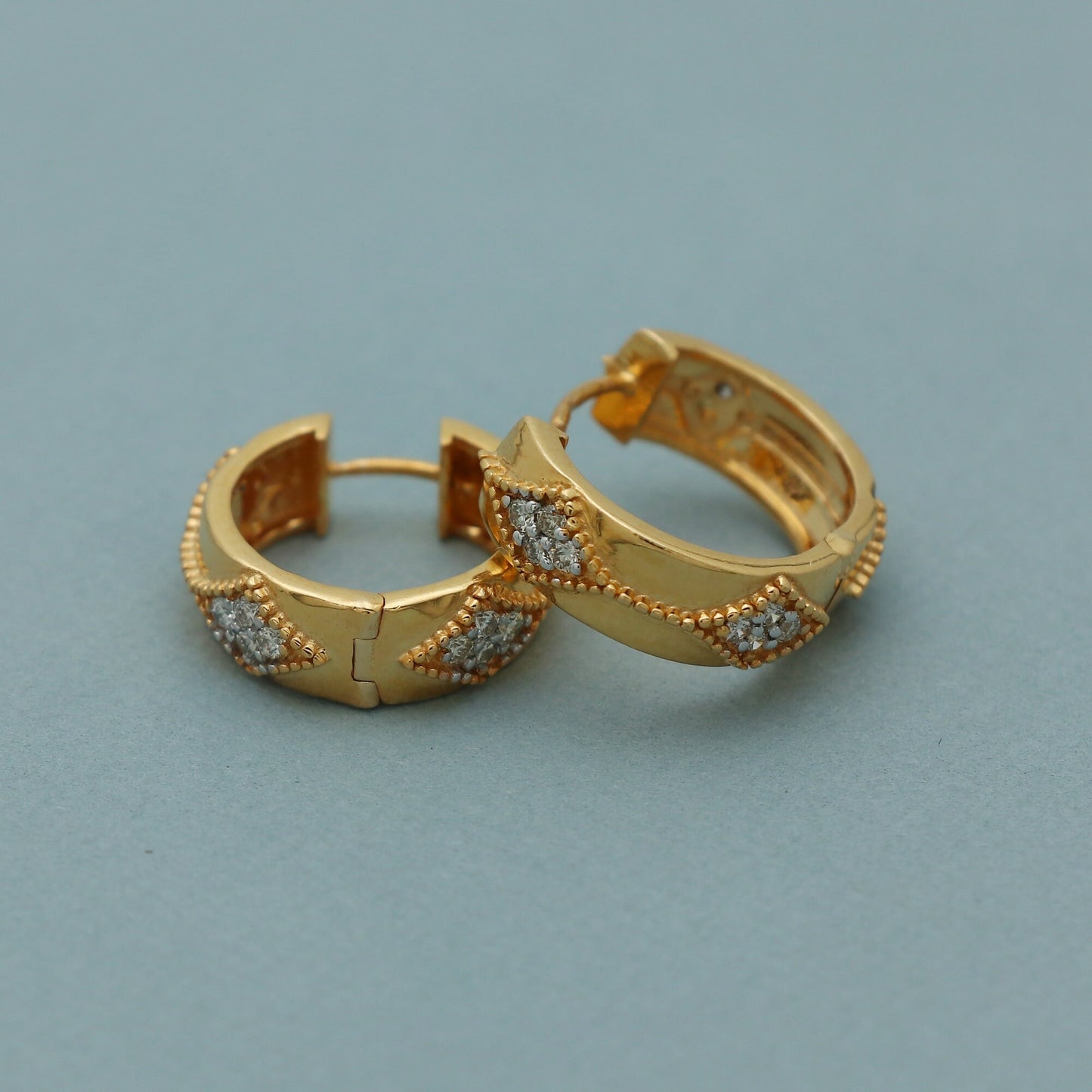 18k Yellow Gold diamond thick Hoop Earrings Huggies, Handmade Yellow gold hoop earrings, Diamond Earrings, indian gold earrings
