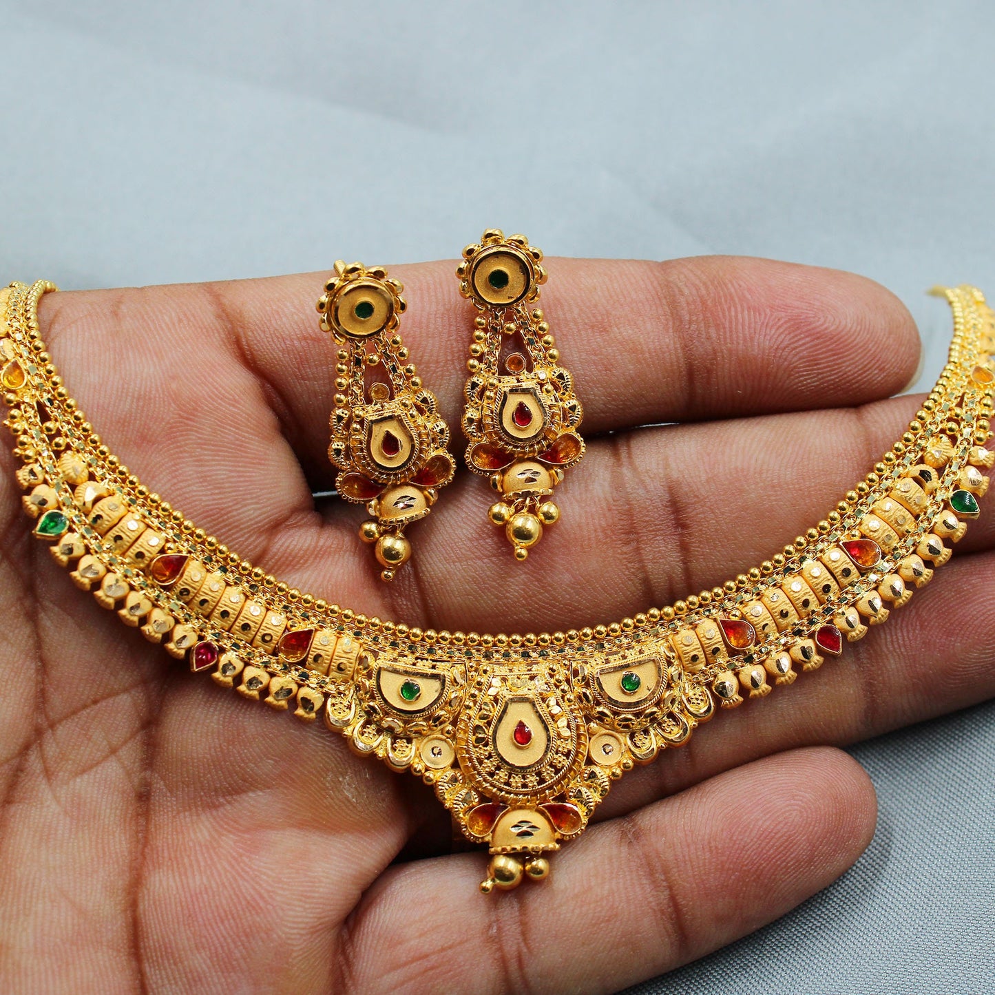 22k 22kt Wedding Pure Gold Necklace Earrings set Jewelry, 22k Yellow Gold Necklace Designer Handmade Jewelry, K3660