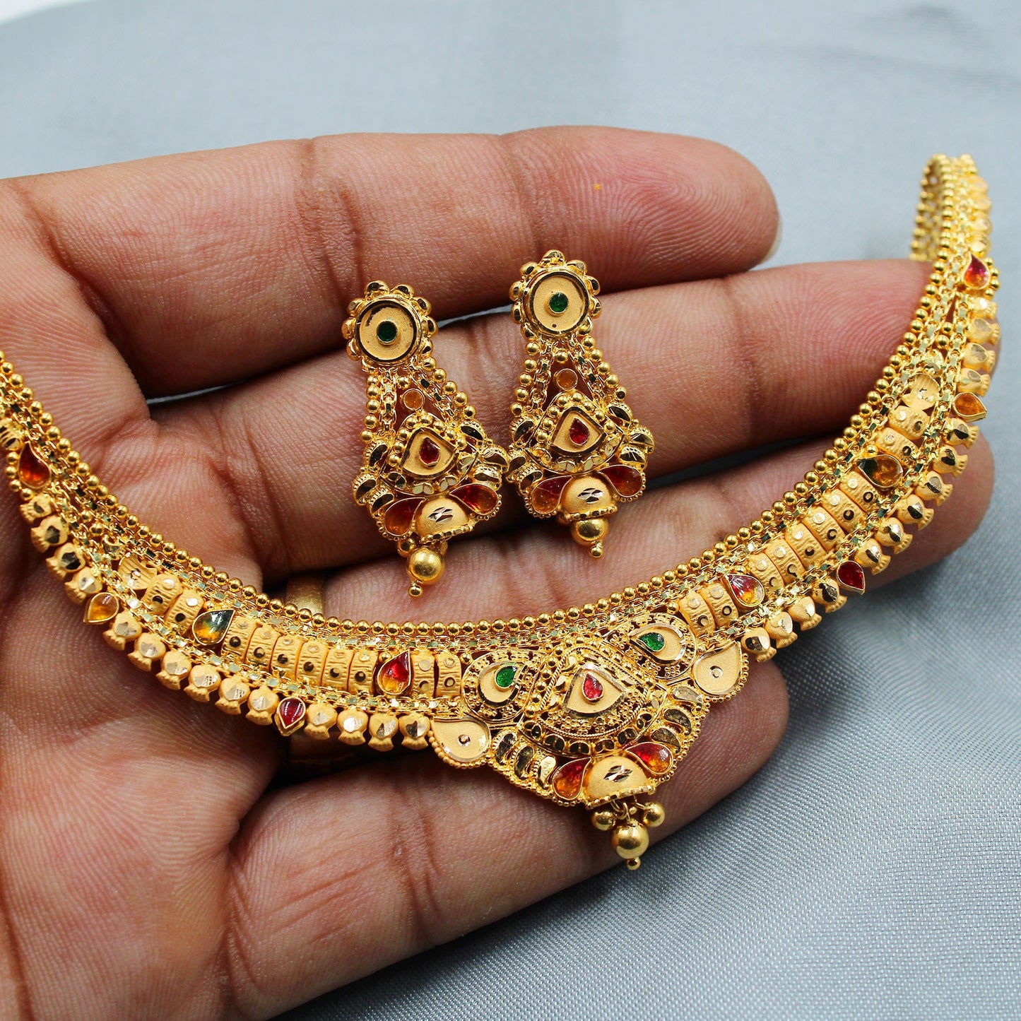 22k Indian Wedding Pure Gold 22kt Necklace Earrings set Jewelry, 22k Yellow Gold Necklace Designer Handmade Jewelry, Artisan Jewelry, K3663