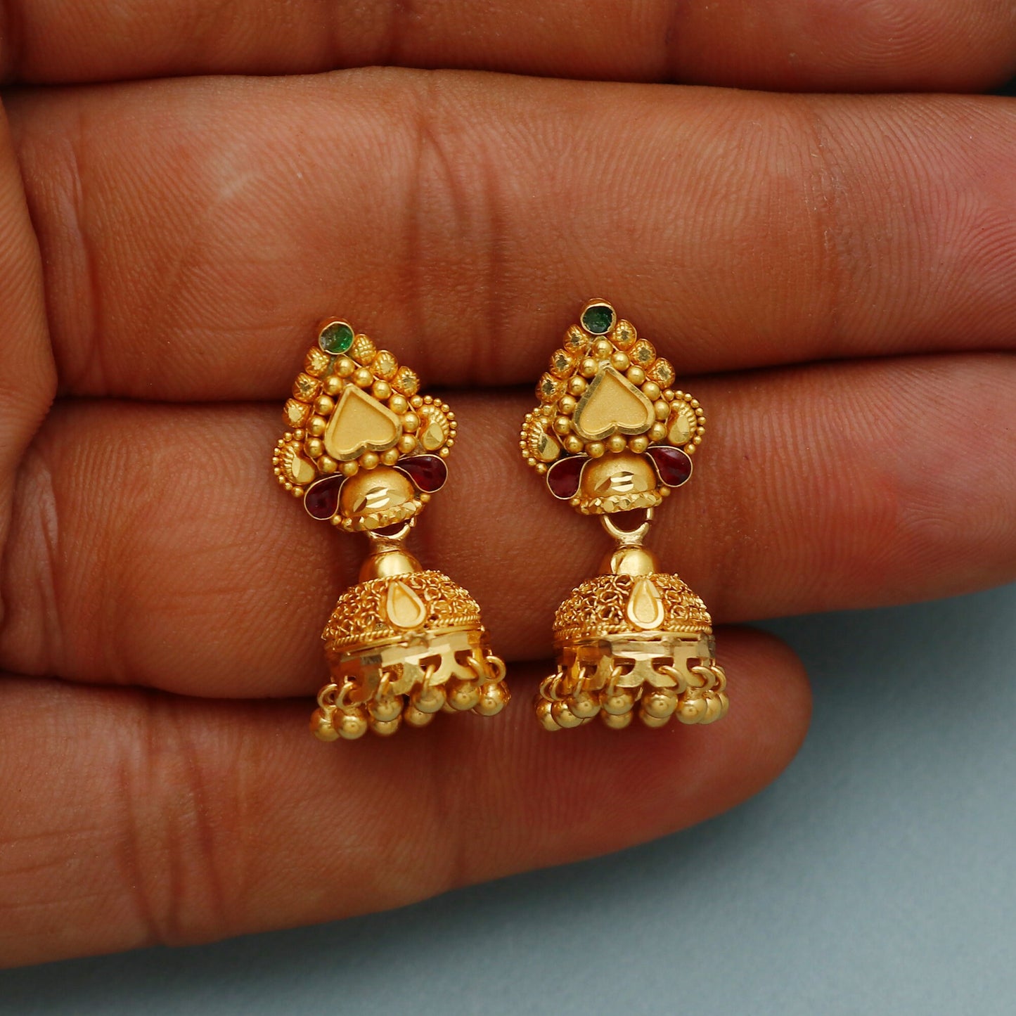 22k Gold Stud Jhumki Earrings , Handmade Yellow gold earrings for women, vintage antique design indian gold earrings jewelry