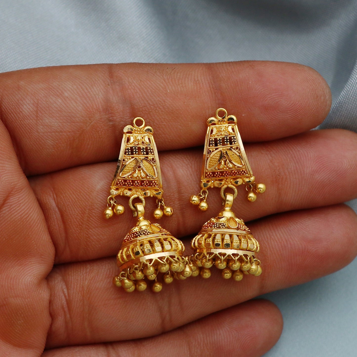 22k Yellow Gold Earrings Jhumka jewelry , handmade vintage Pure Traditional wedding indian style WEDDING Dangle Jhumki Earrings Chandelier