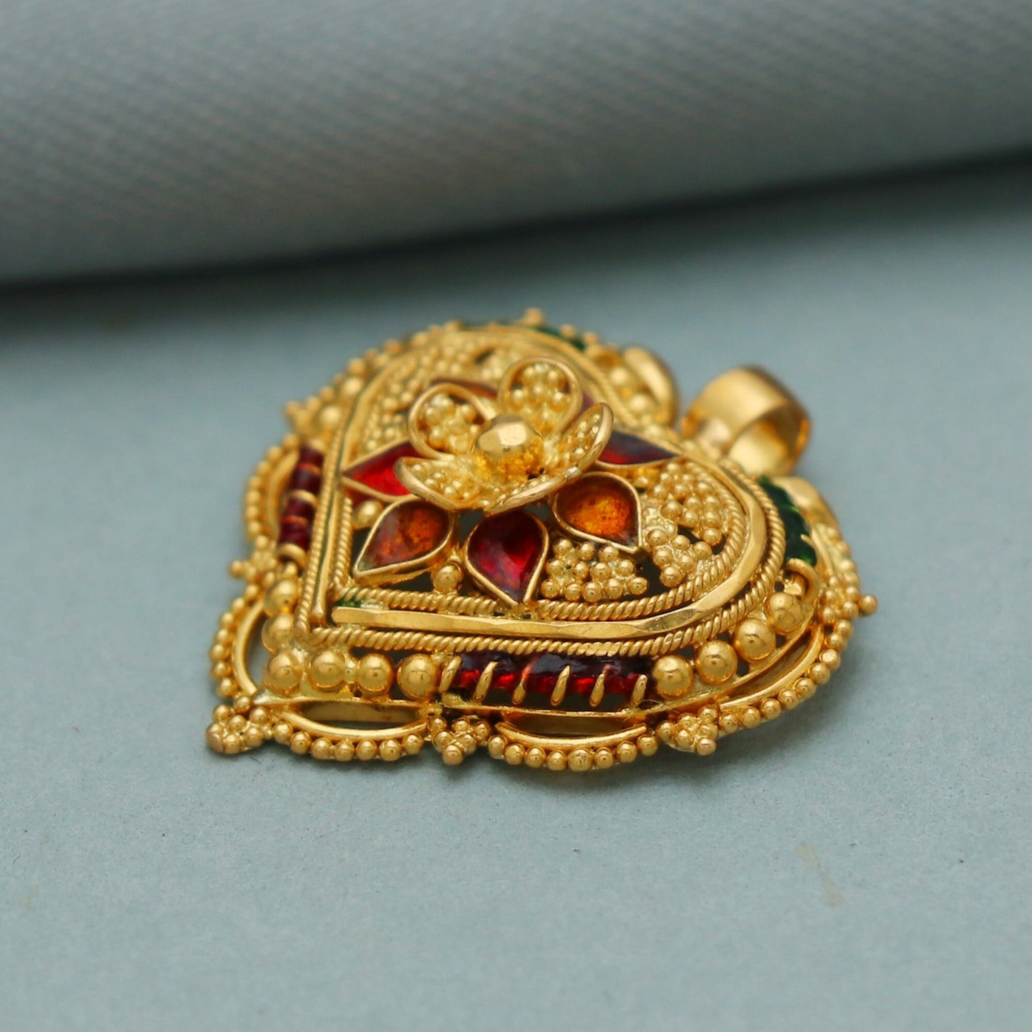 Flower Design 22k yellow gold Meena work pendant necklace indian traditional handmade royal party wear jewelry for gift, K2166