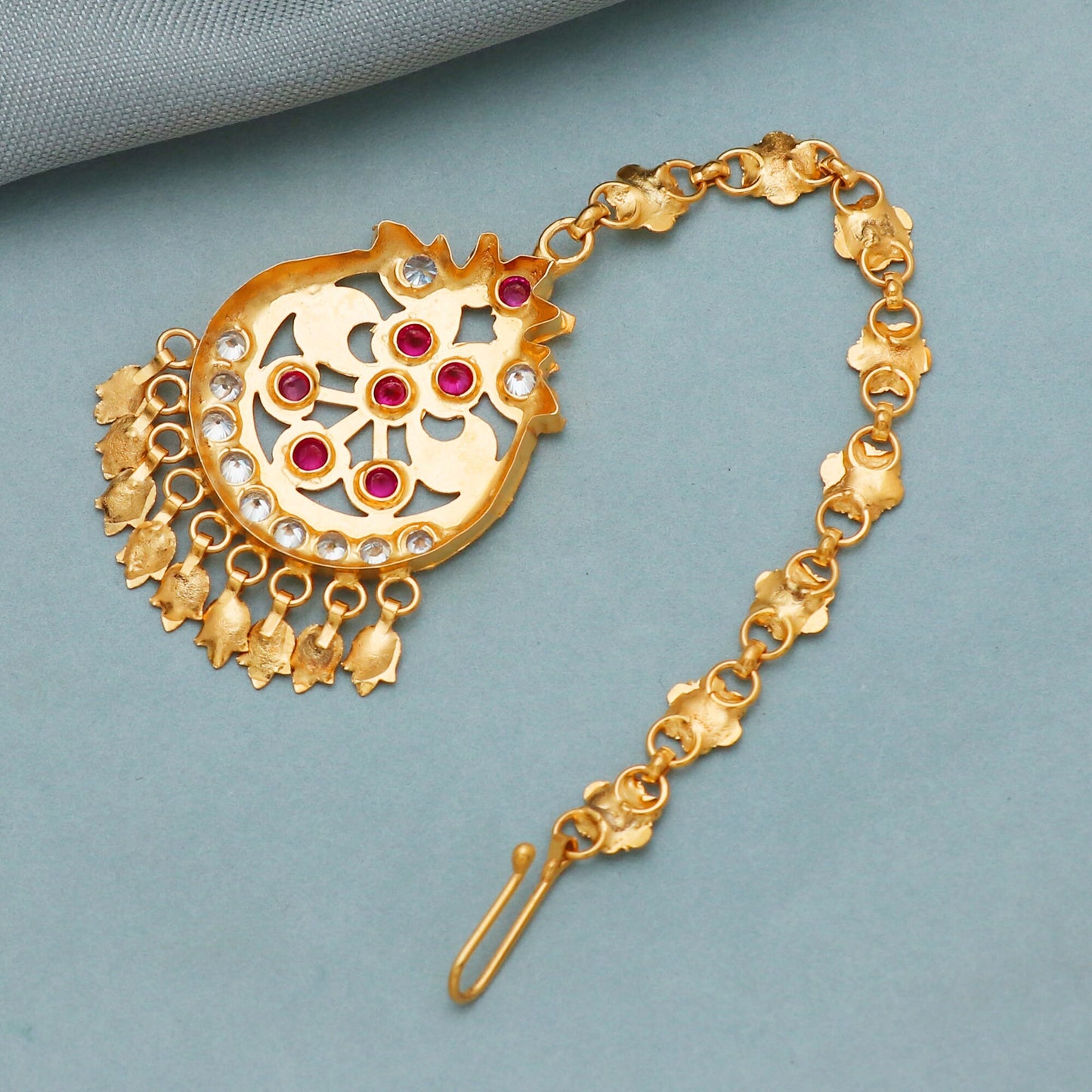 22k Gold Multi Color Stone Mang Tikka Head Jewelry For Wedding Party Wear, Traditional Indian Gold Handmade Jewelry for Gift