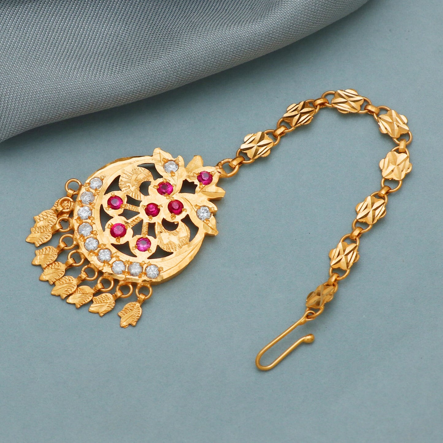 22k Gold Multi Color Stone Mang Tikka Head Jewelry For Wedding Party Wear, Traditional Indian Gold Handmade Jewelry for Gift