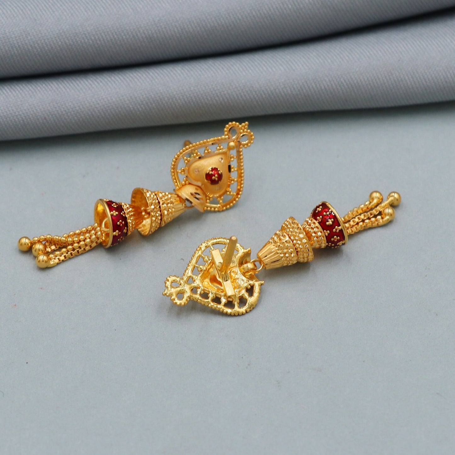 Red colored 916 22k 22kt Gold Dangle Earrings Genuine Handmade Jewelry for Gift, K4374