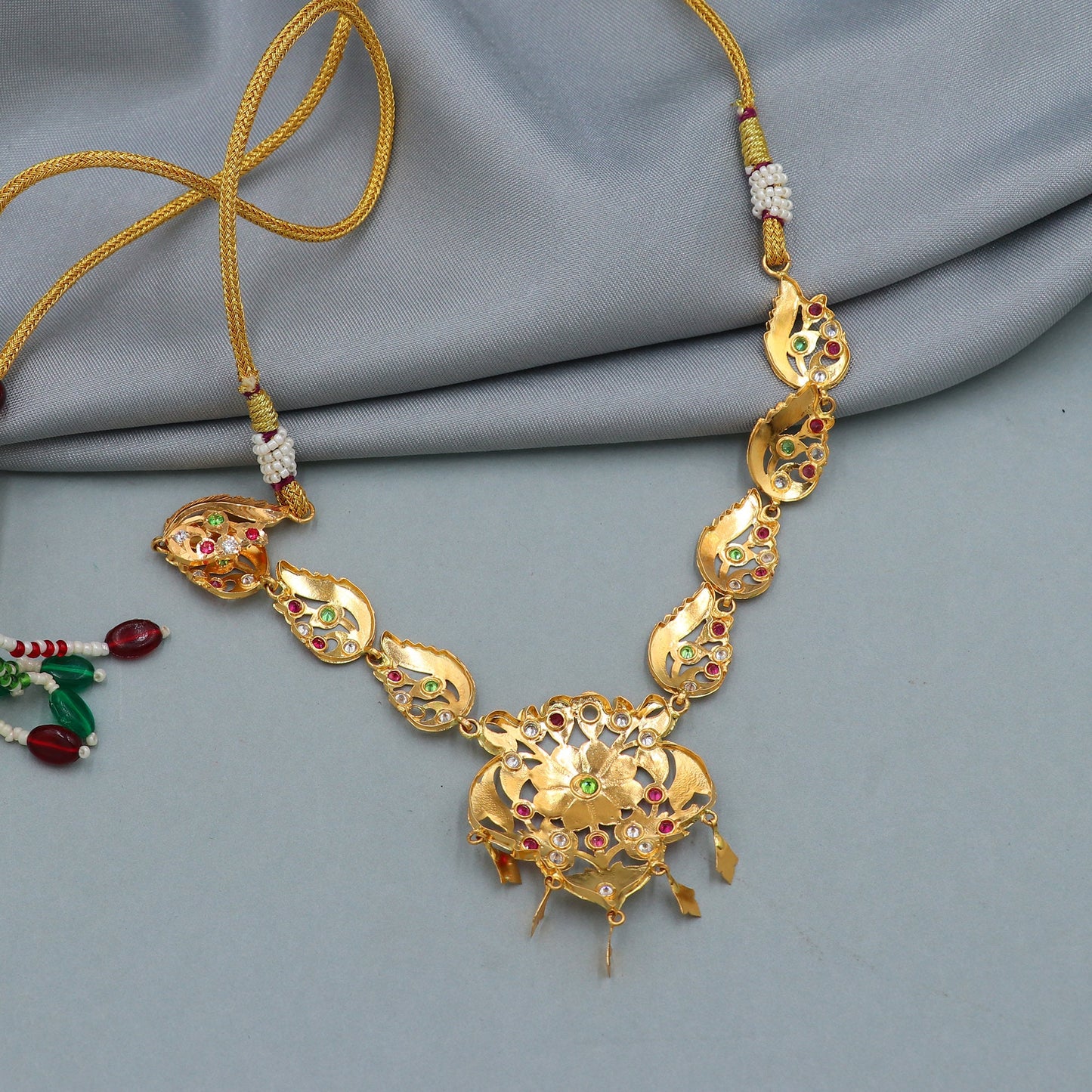 22k Necklace Hand Carved Design Gold Necklace with adjustable Cord Thread