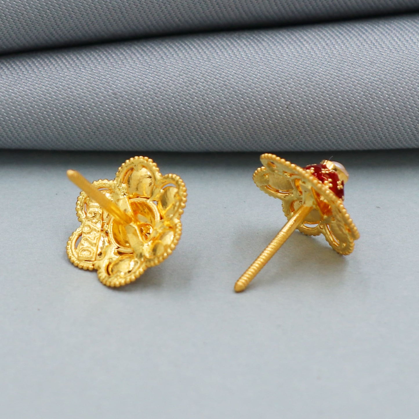 Red colored enamel 22k Yellow Gold Stud Earrings, Gold Tops, Pearl Flower Handmade Earrings for Gift