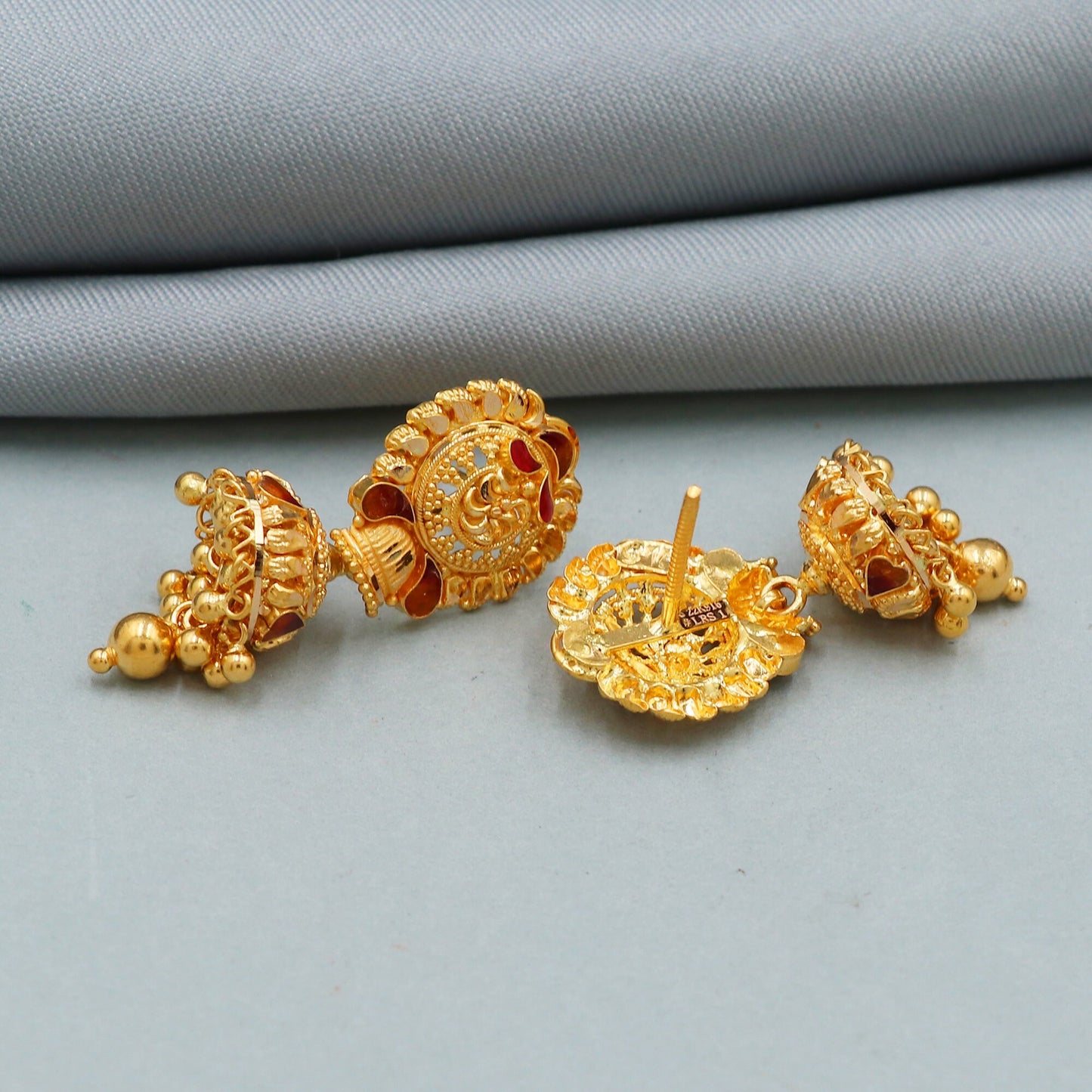 22k gold tops with jhumka with dangling chains, pure hand crafted indian women jewelry for gift