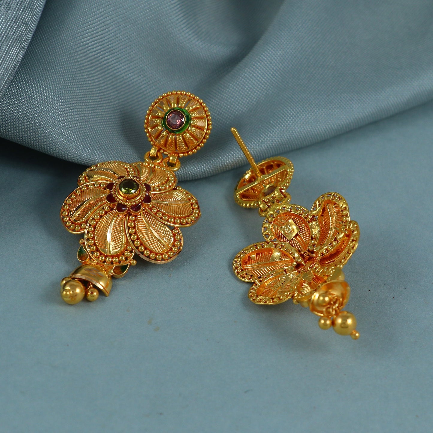 Flower Design 22k Real Gold Earrings Indian Pure Handmade Work Bridal Vintage Wedding Jewelry for Gift