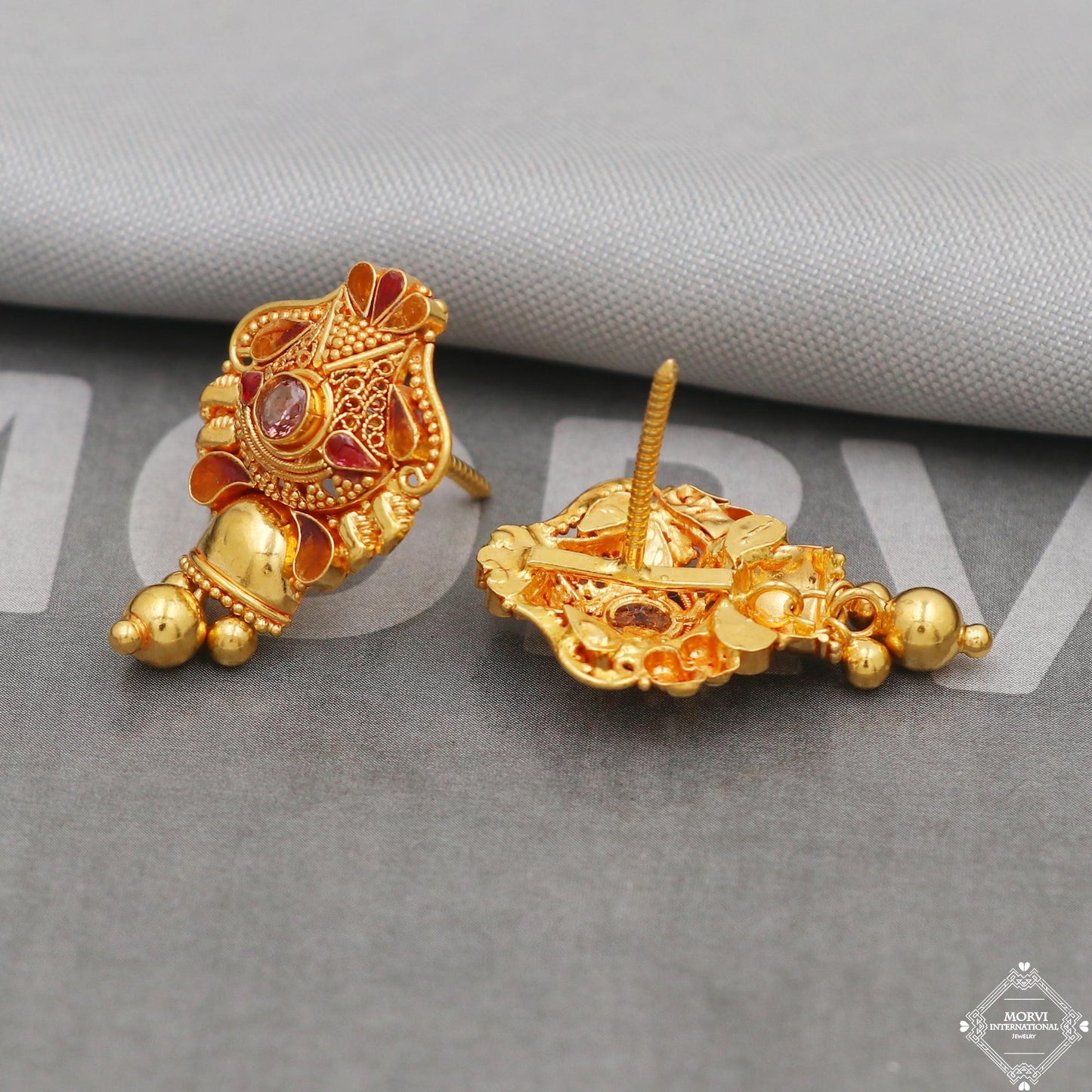 Pure 22k Gold Earrings, Solid 22kt Gold Dangling Bell Earrings Jewelry for Gift, K5126