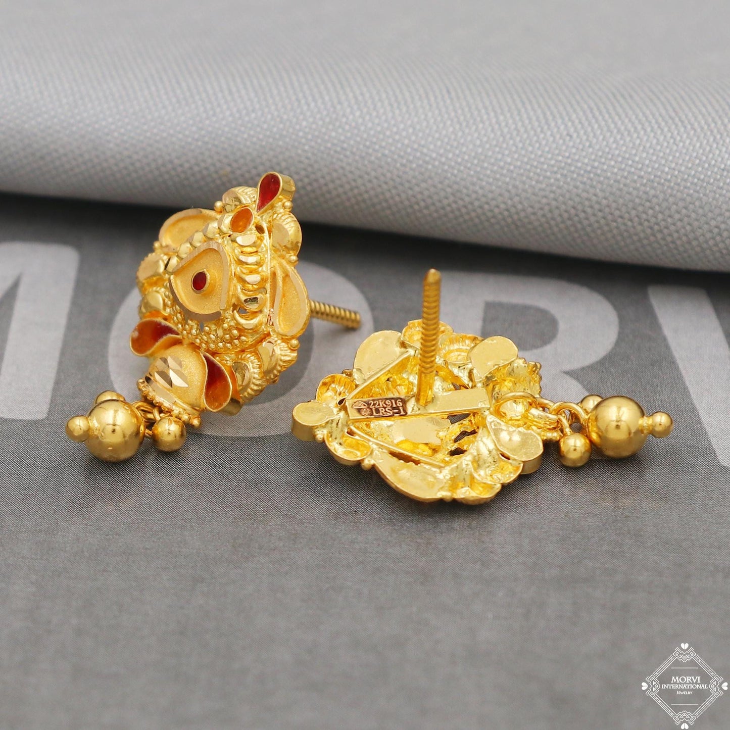 22k gold earrings indian jewelry with small dangling ghungroo , K5128