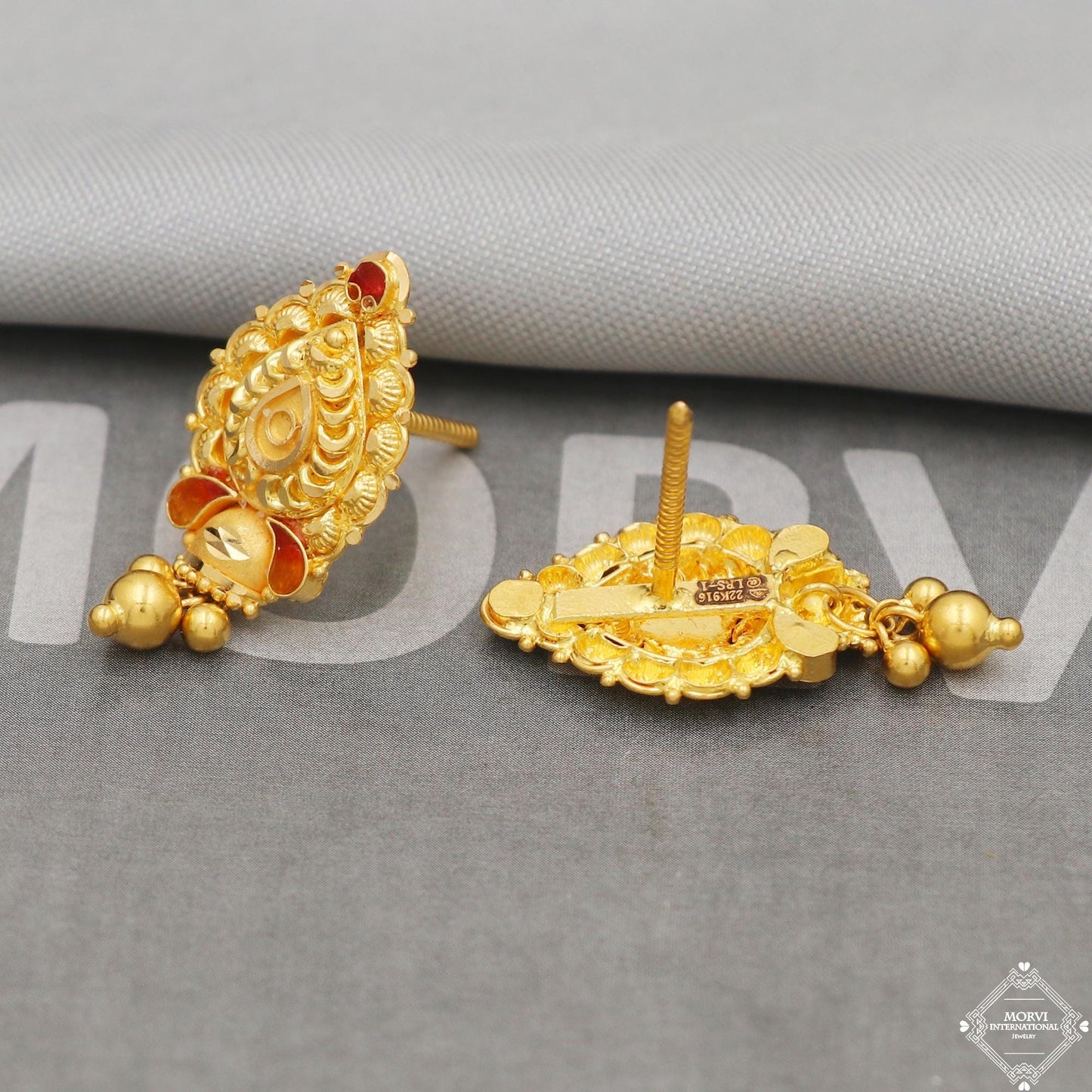 22k Yellow Gold Earrings Unique Handmade Indian 22kt Gold Stud Dangling Bell Earrings Jewelry for Gift, K5137