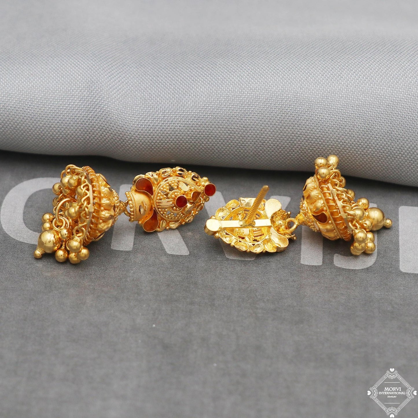 22k Yellow Gold Earrings Jhumka jewelry , handmade vintage Pure Traditional wedding indian style Dangle Jhumki Earrings Chandelier, K5255