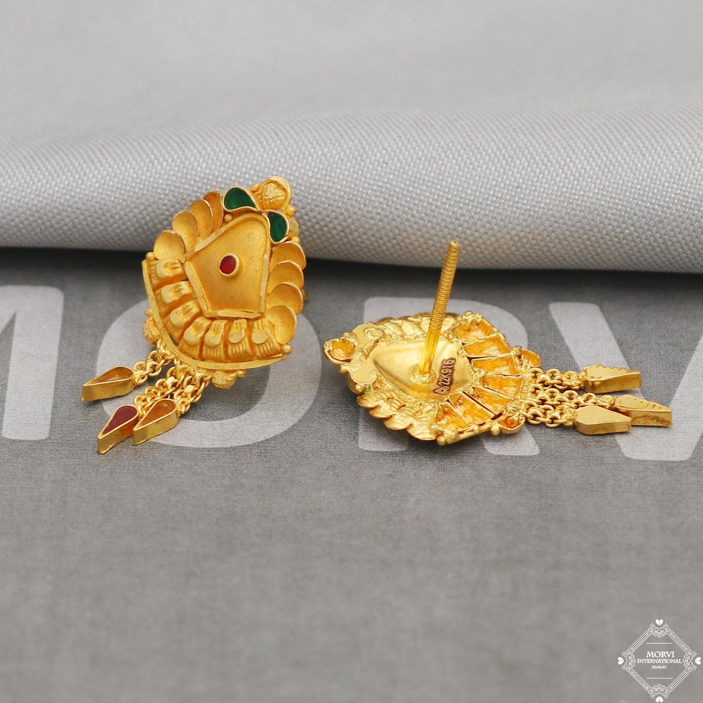 22k Yellow Gold Earrings Unique Handmade Indian 22kt Gold Stud Dangling chain Earrings Jewelry for Gift, K5136