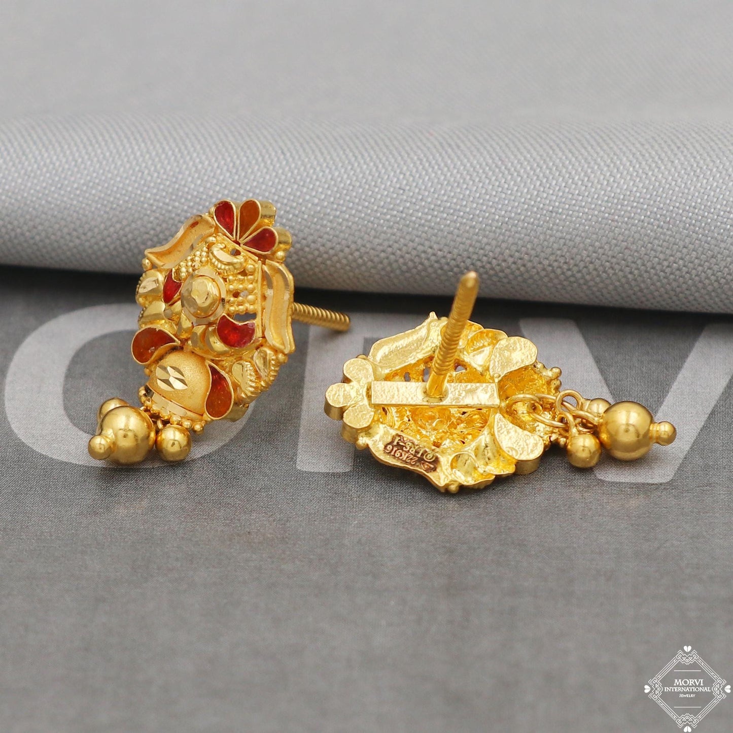 22k Gold Earrings Unique Handmade Indian 22kt Gold Stud Dangling Bell Earrings Jewelry for Gift, K5149