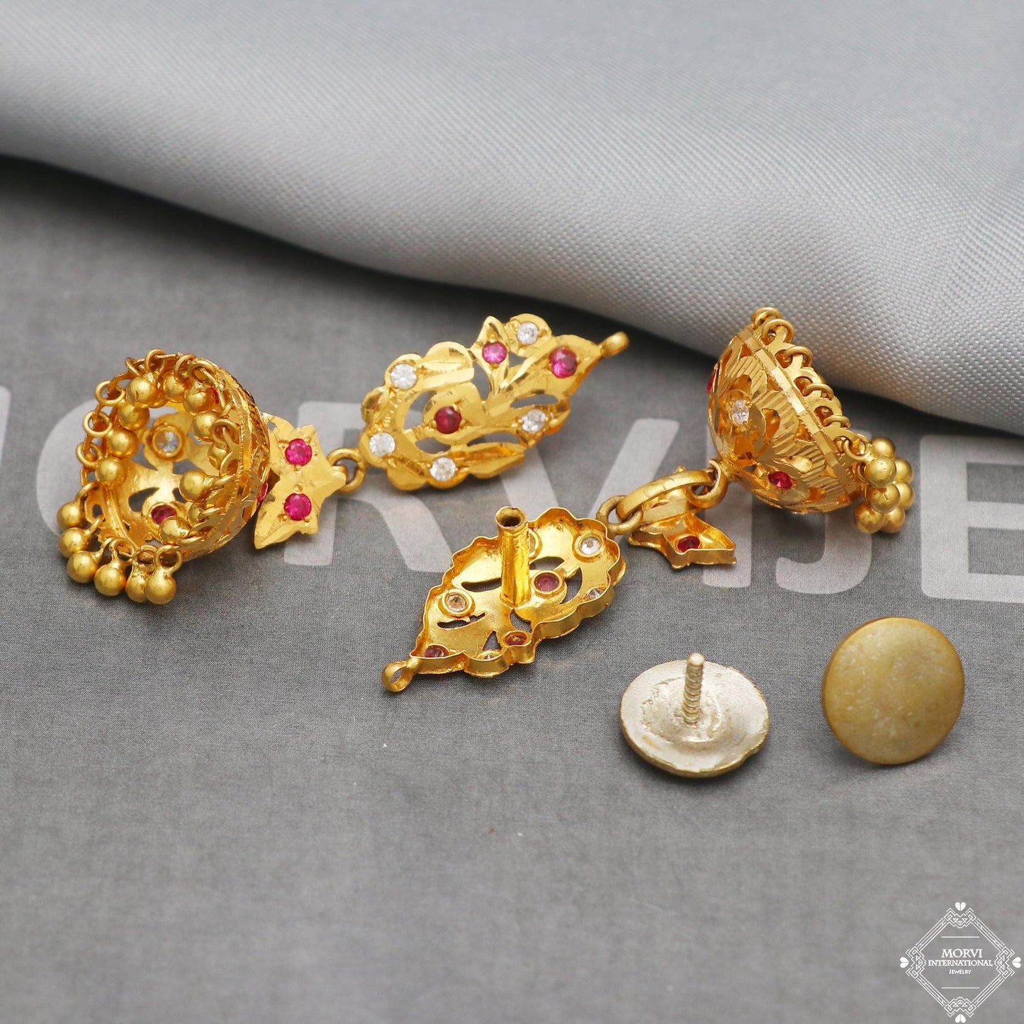 real gold jhumka earrings indian handmade women jewelry vintage tribal antique style design, 18k 22k gold, screw back or K5292