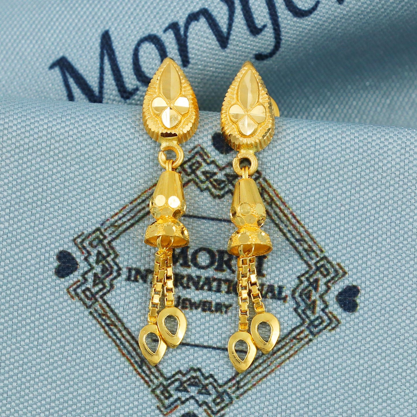 22k Gold Dangle Earrings Dainty Indian 22kt Jewelry Exclusive Authentic BIS Hallmarked Stamped "22k916" Jewelry, MJ0052