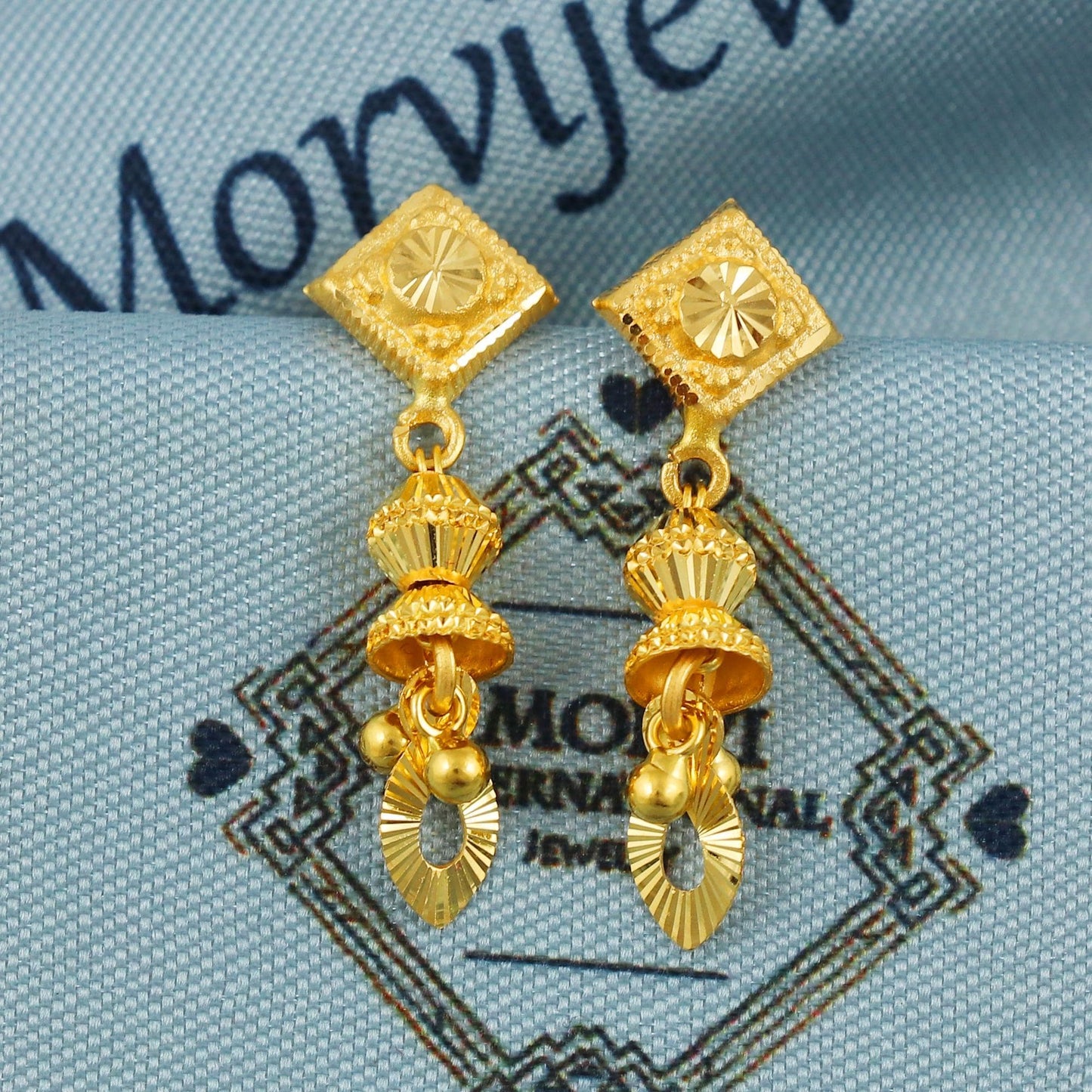 22k Gold Dangle Earrings Dainty Indian 22kt Jewelry Exclusive Authentic BIS Hallmarked Stamped "22k916" Jewelry, MJ0055