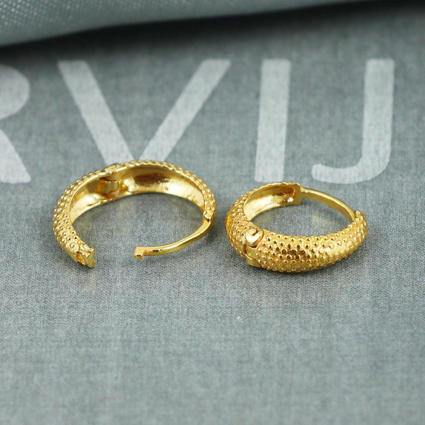 18k Gold Hoop Earrings with Textured Dot Design | Indian Handmade Earrings | Small Ethnic Gold Hoops for Women | , K5400A