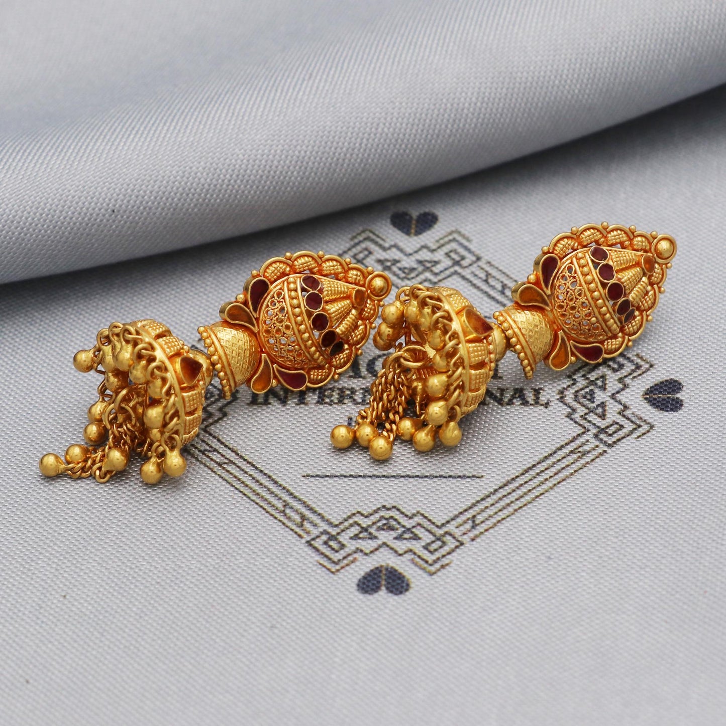 22karat 22kt 22k Yellow Gold Earrings Jhumki Jhumka Style Dangling Chain For Women Indian Wedding Jewelry, K5610