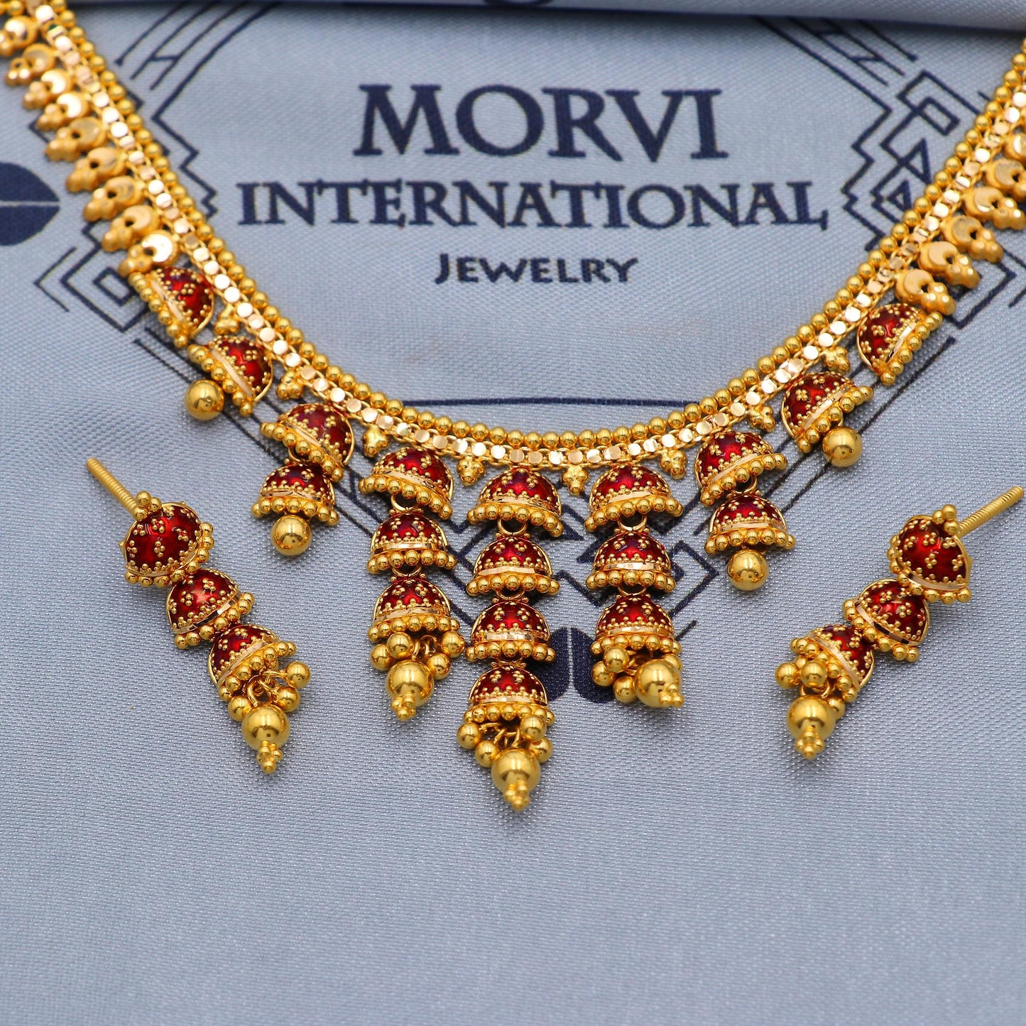 Indian Solid 22k Gold Necklace Earrings Set, Red Meena enamel colored gold asian jewelry, K5813