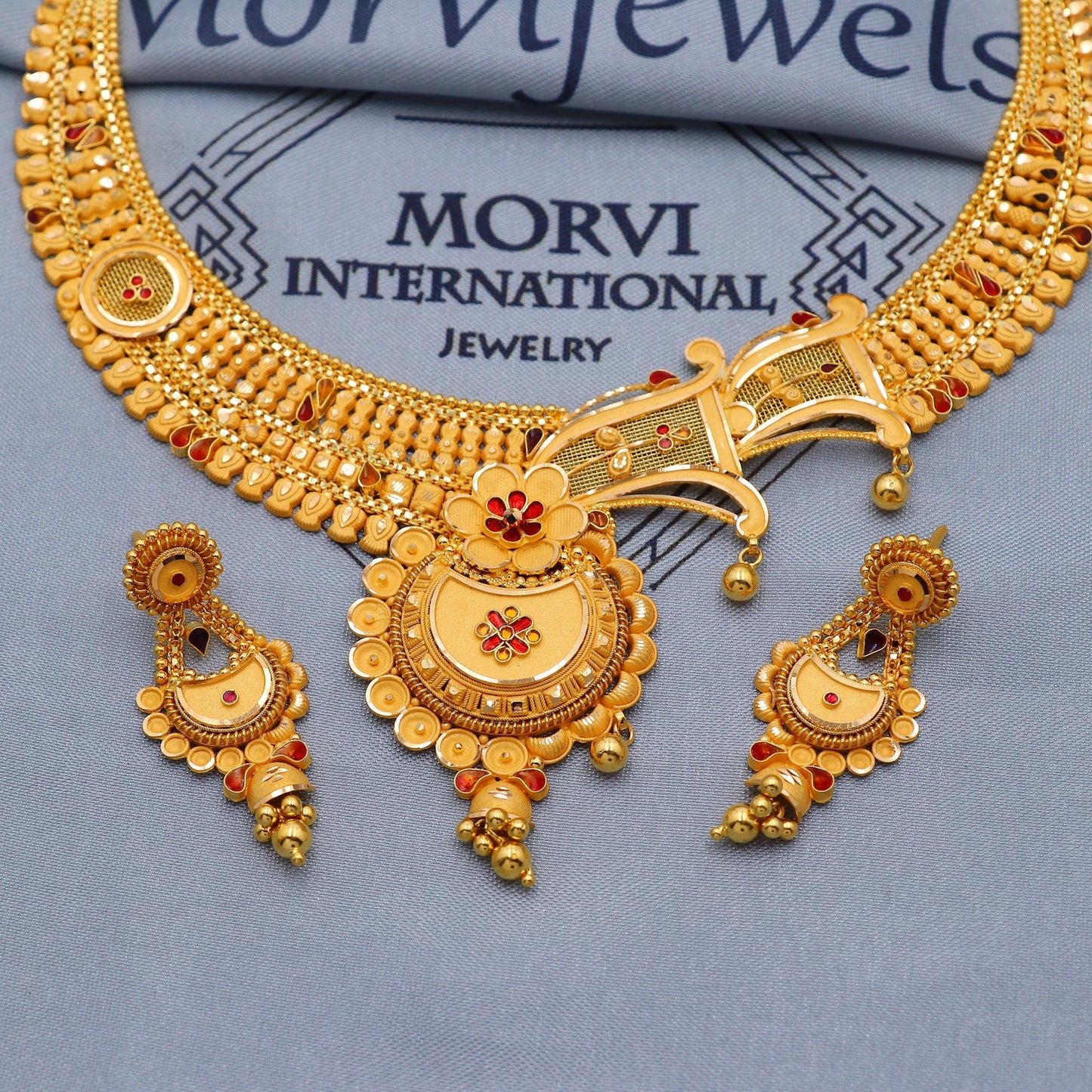 Indian Solid 22k Gold Necklace Earrings Set, Vintage Ethnic Gold Jewelry Set, Pure Real Necklace with Earrings Wedding Party Wear, K5816