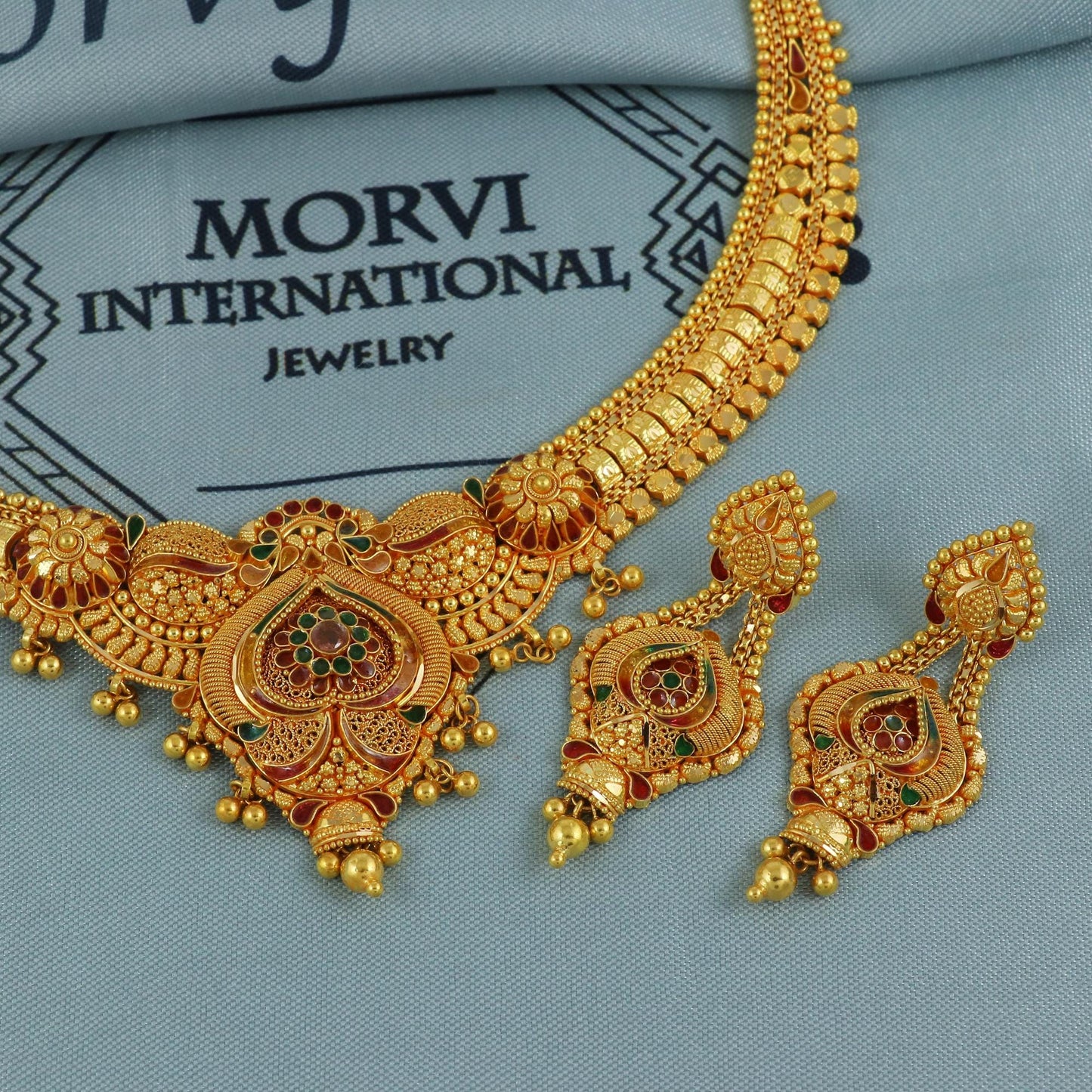 22k Gold Set Indian Necklace Handmade Jewelry by Morvijewels