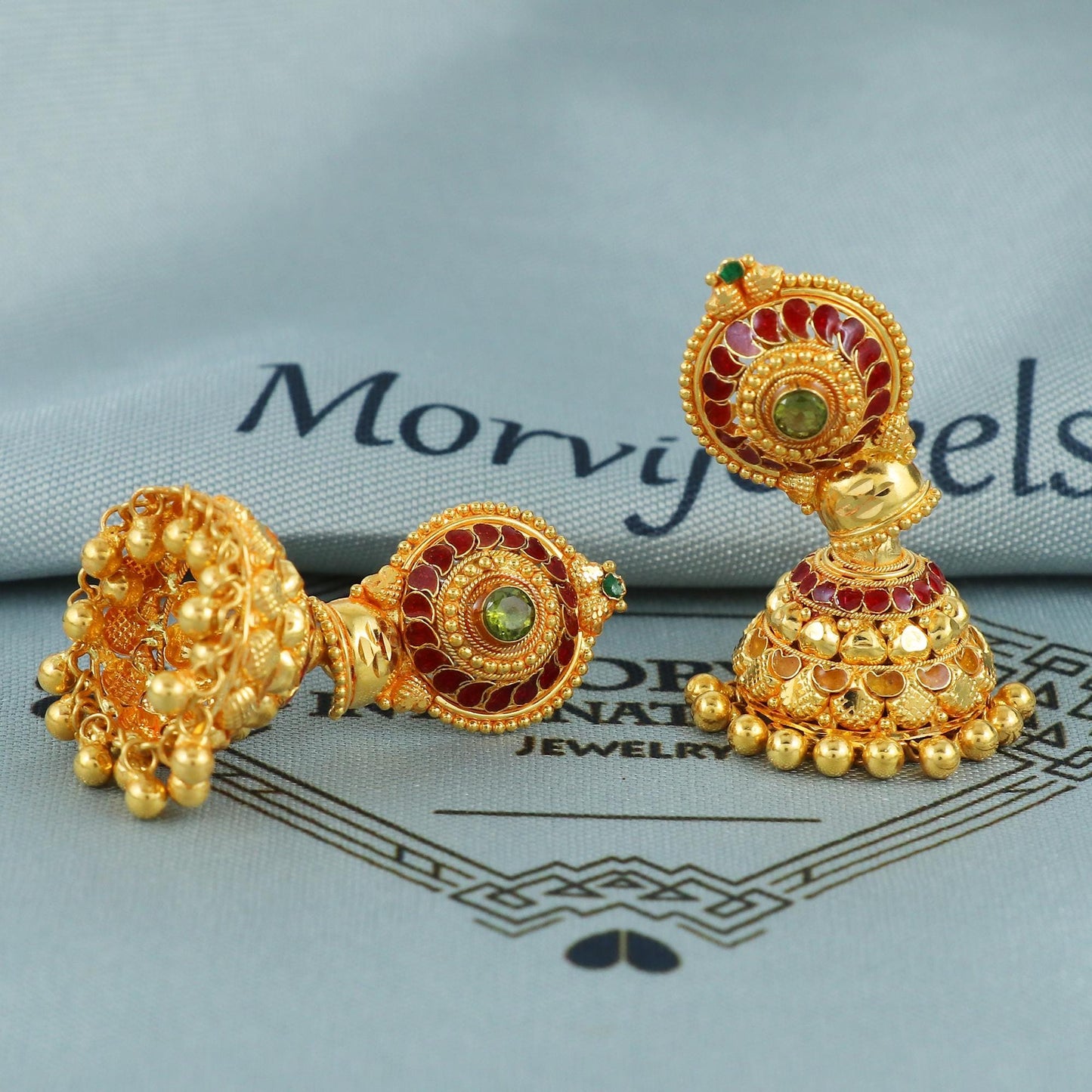 22k Yellow Gold jhumka Earrings , wedding, bridal, hanging small bell indian ethnic gold earrings, K5921