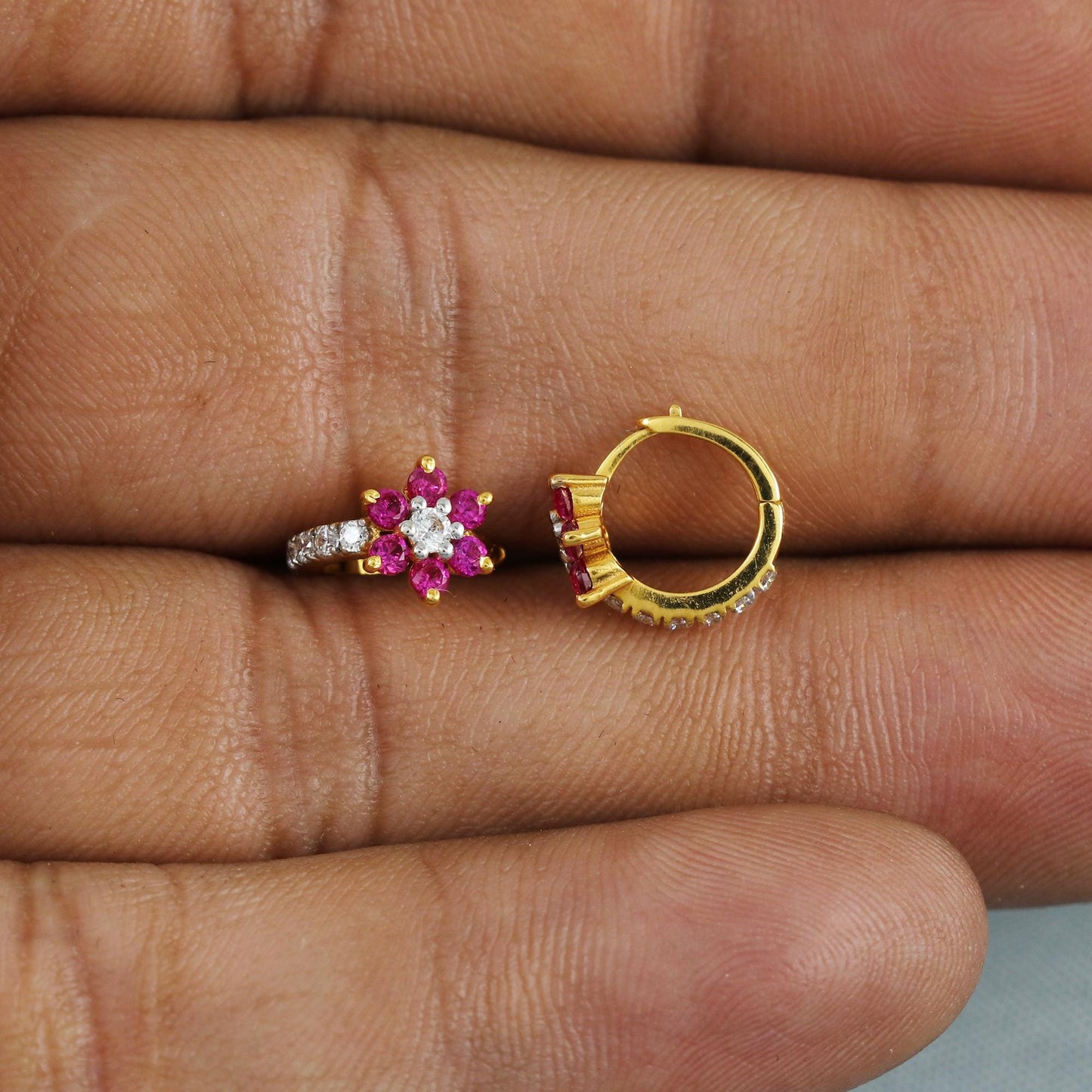 Very Small Pure 22k Yellow Gold Hoop Bali cartilage Earrings, Handmade gold earrings for women, indian gold earrings, pink stone earrings