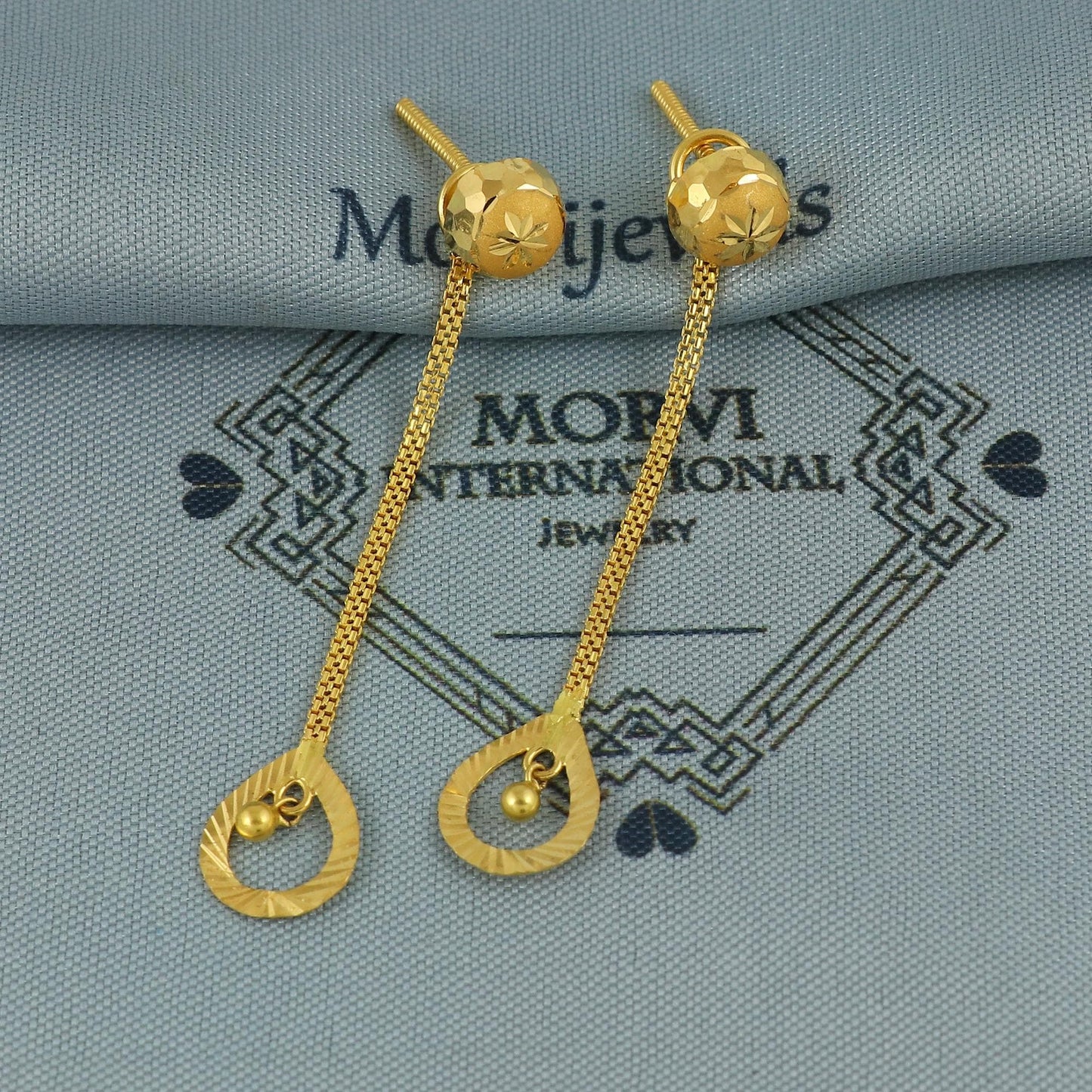 22k Gold Long Earrings dangling Ear chain, Handmade Yellow gold earrings for women, 8 mm Ball Stud, Beads Stud, small earrings, K5971