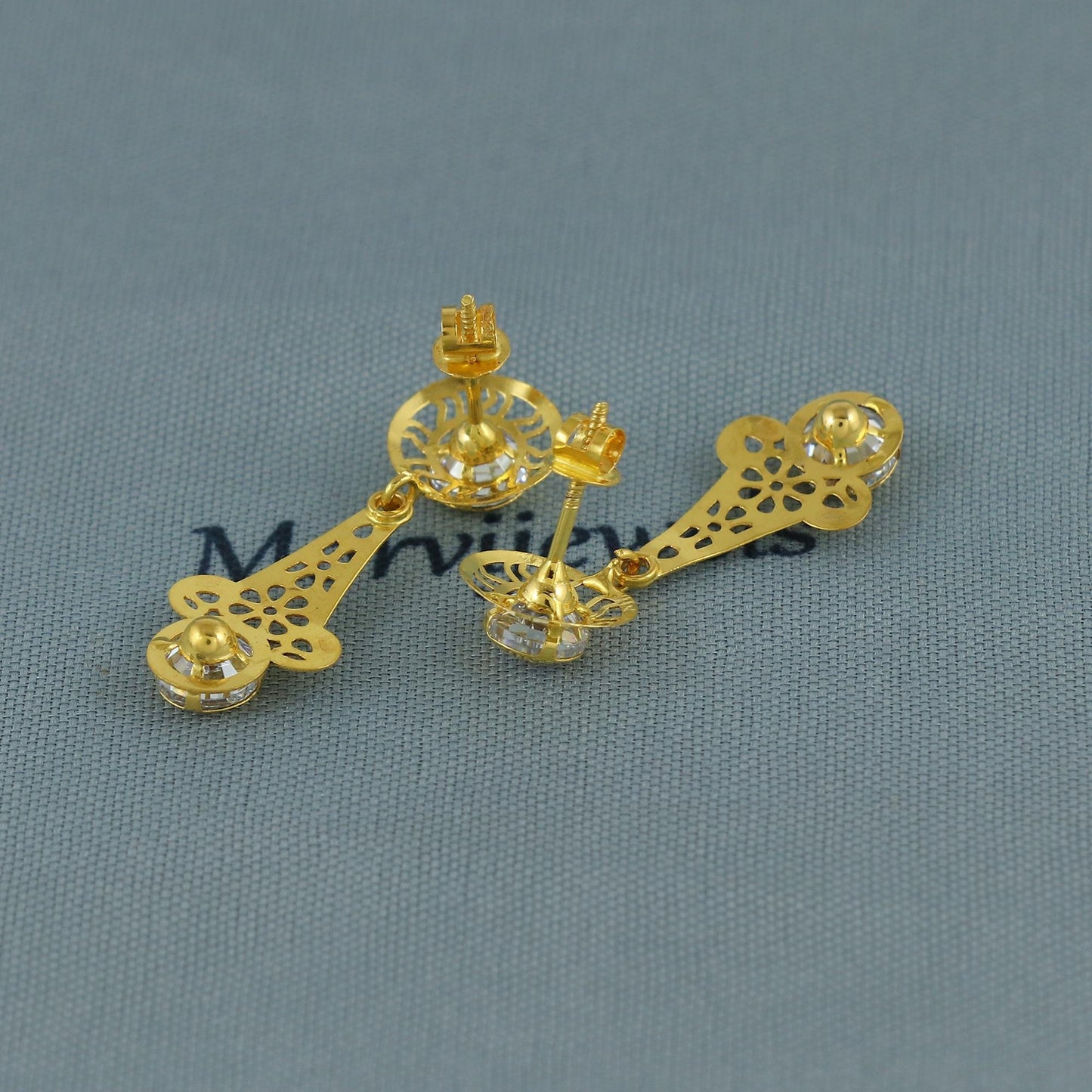 Solid 18k Gold Dangle Earrings with CZ Stones, Light Weight Dainty Earrings Handmade Indian Jewelry, MJ0125
