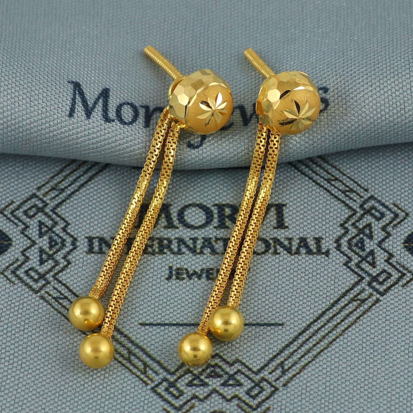 22k Gold Stud Earrings dangling Ear chain, Handmade Yellow gold earrings for women, 8 mm Ball Stud, Beads Stud, small earrings, K5972