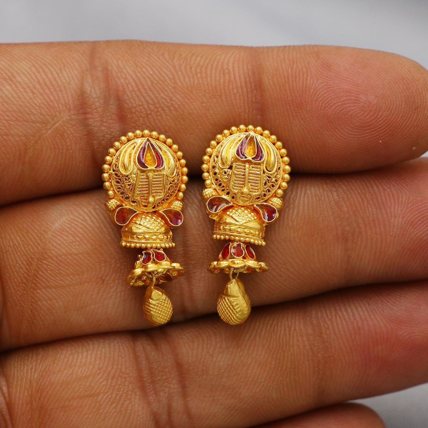 22k Yellow Gold Jhumka Earrings with dangling small chandelier, Handmade Vintage Pure Traditional Indian WEDDING Earrings jewelry, K6272