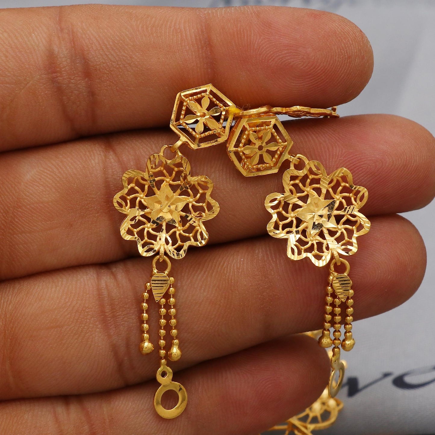 22k Yellow Gold Necklace Set with Earrings, Filigree Style Pure Gold Set, Indian Gold Women Jewelry, Wedding Party Necklace, K6453